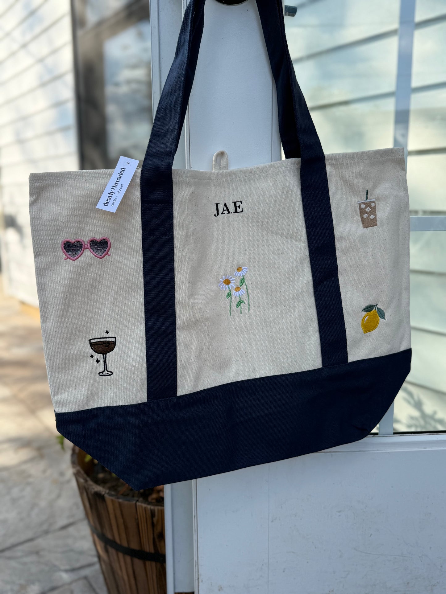 Custom Boater Style Tote With Initials and Icons