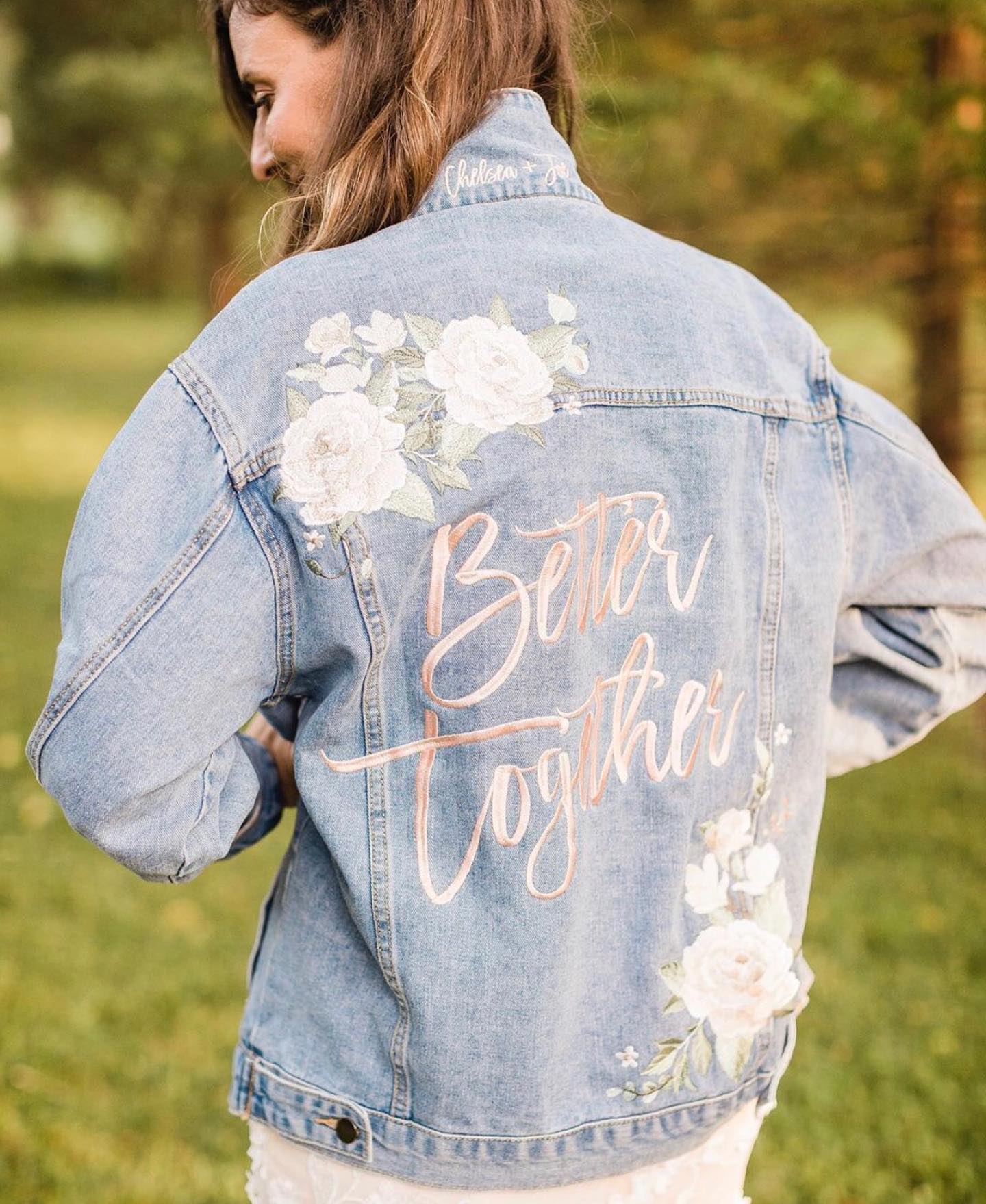 Custom Ivory Peony Floral Women's Relaxed Fit Denim Jacket