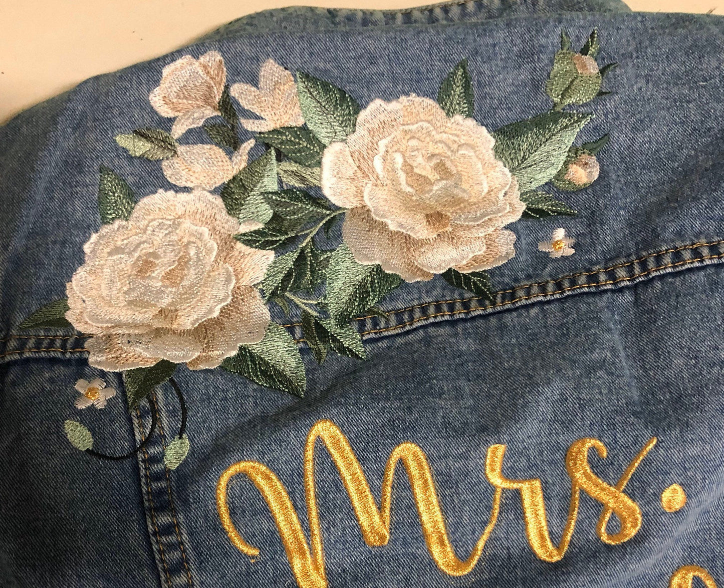 Custom Ivory Peony Floral Women's Relaxed Fit Denim Jacket