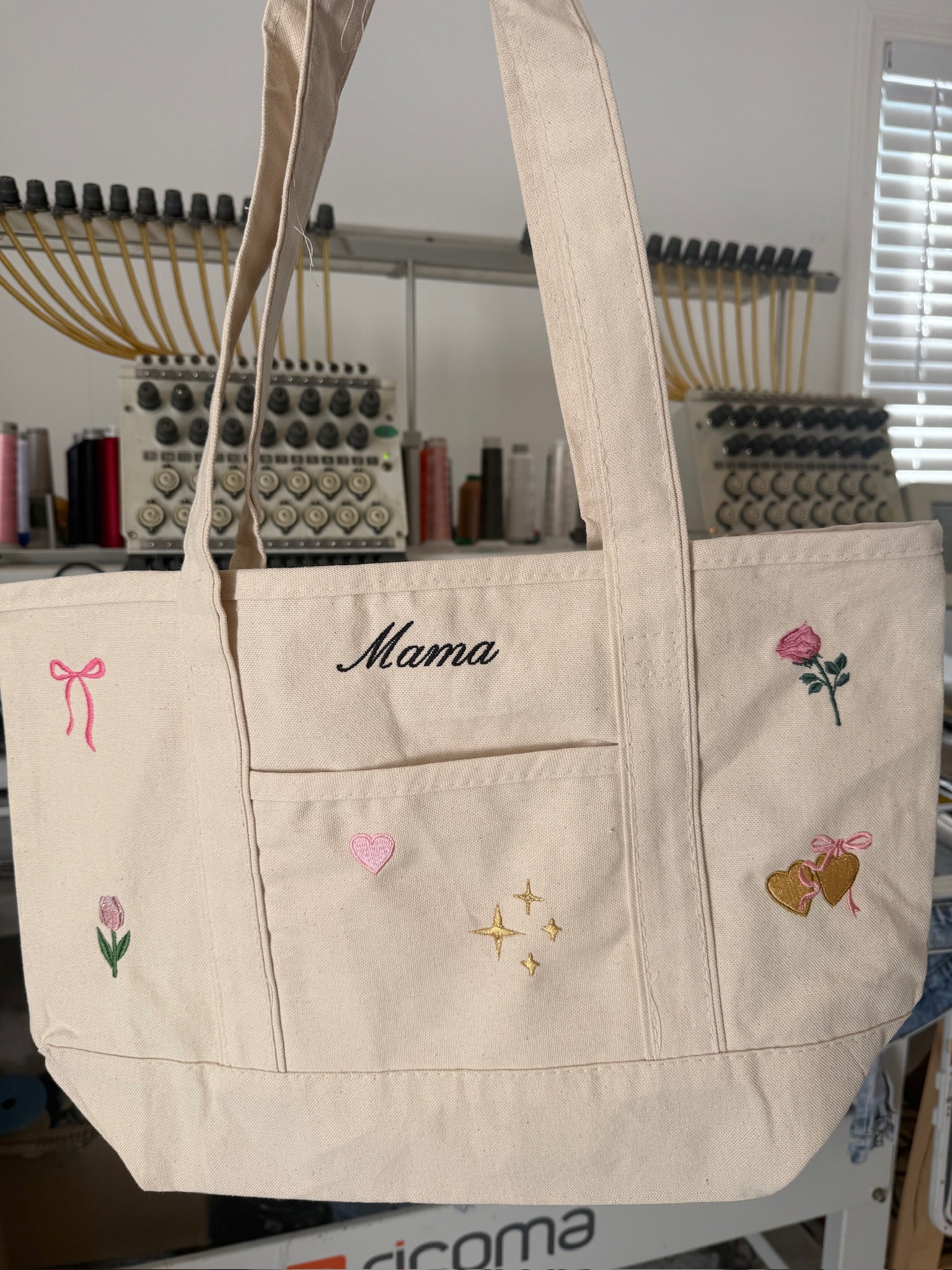 CUSTOM Embroidered 12oz Medium or Large Natural Tote Bag Choose Your Icons & Text