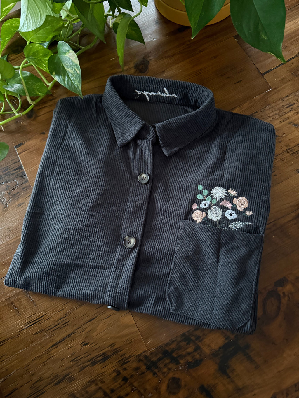 Custom Embroidered Bouquet Pocket Grey Corduroy Shacket Shirt Jacket