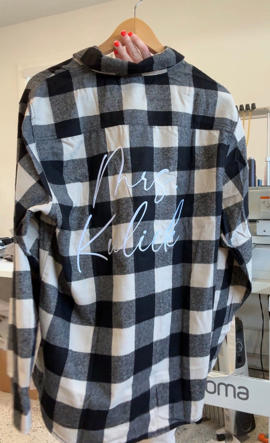 Ecru/Black Plaid Flannel W/ Custom Text Embroidered on Back