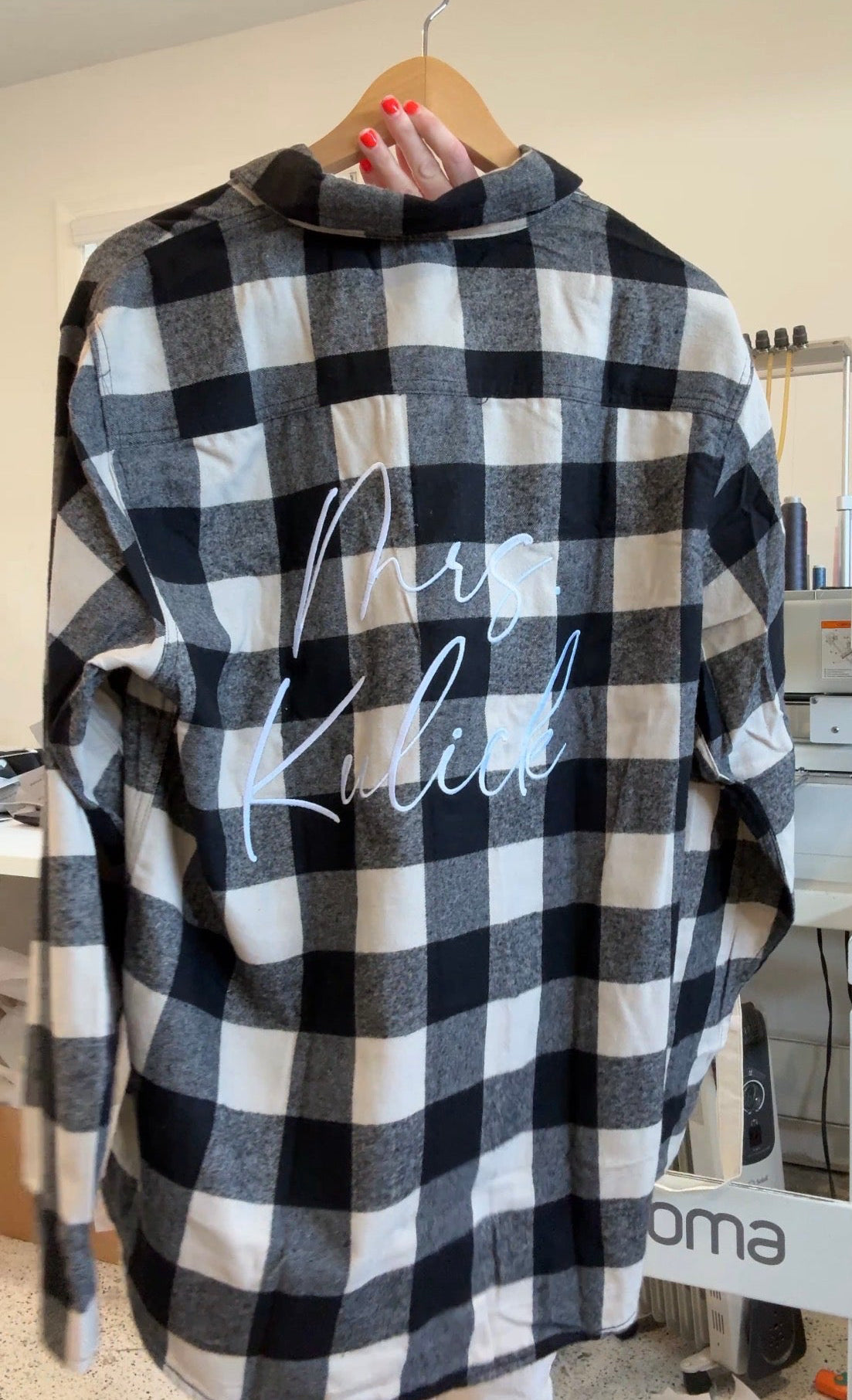 Ecru/Black Plaid Flannel W/ Custom Text Embroidered on Back