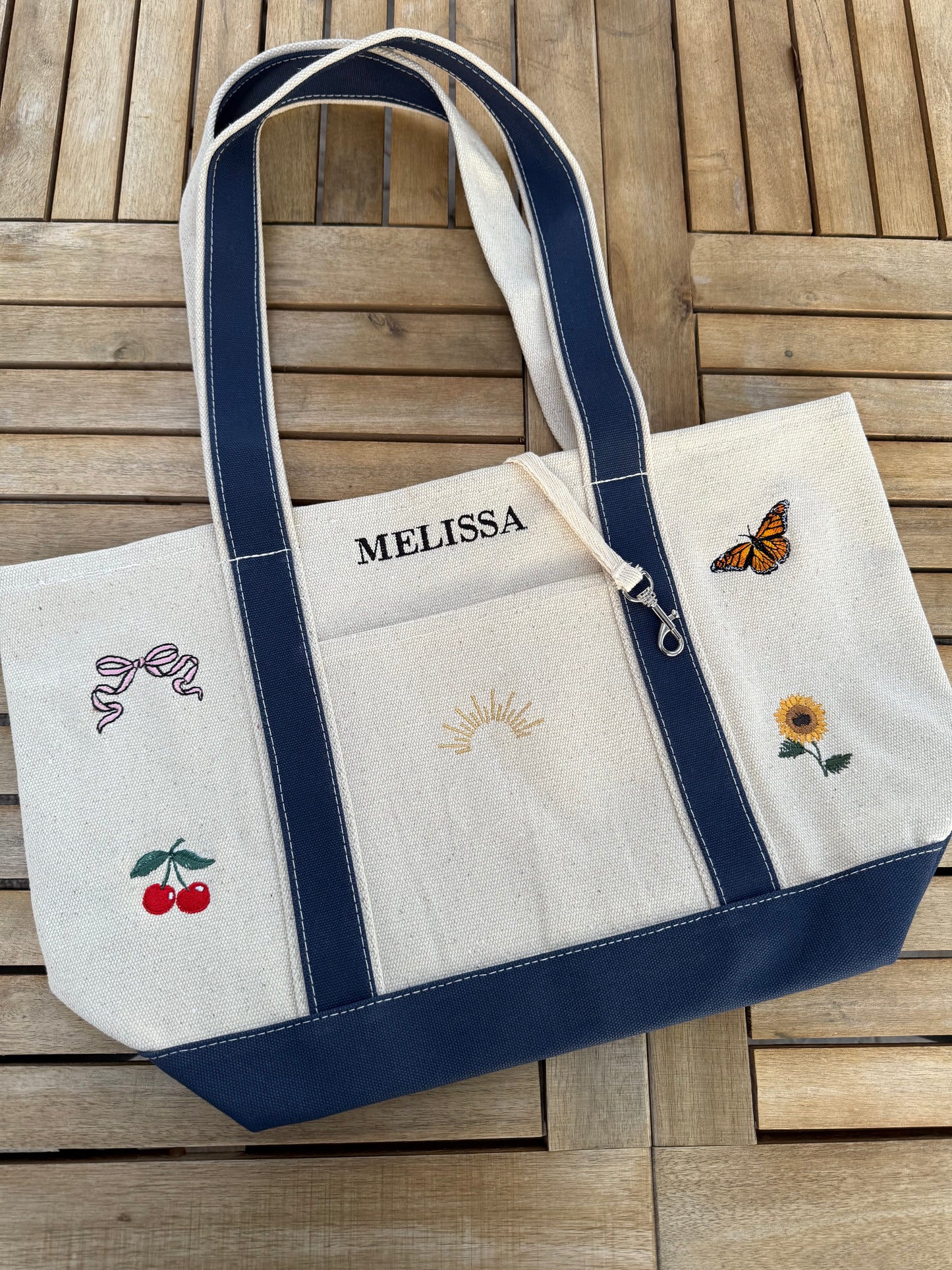 CUSTOM Embroidered Large Structured Boat Style Tote Bag With Initials and Icons