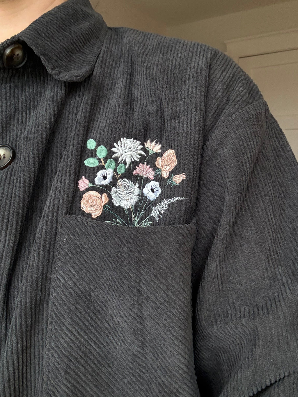 Custom Embroidered Bouquet Pocket Grey Corduroy Shacket Shirt Jacket