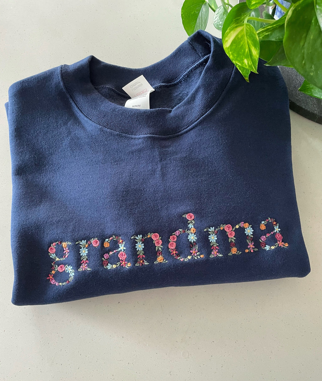 Floral Font Personalized Navy Blue  Crewneck