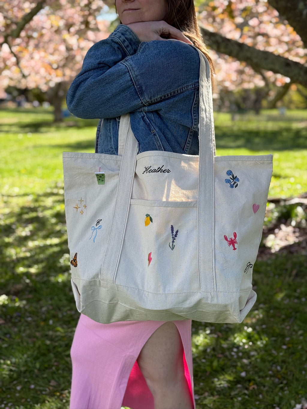 CUSTOM Embroidered 12oz Medium or Large Natural Tote Bag Choose Your Icons & Text