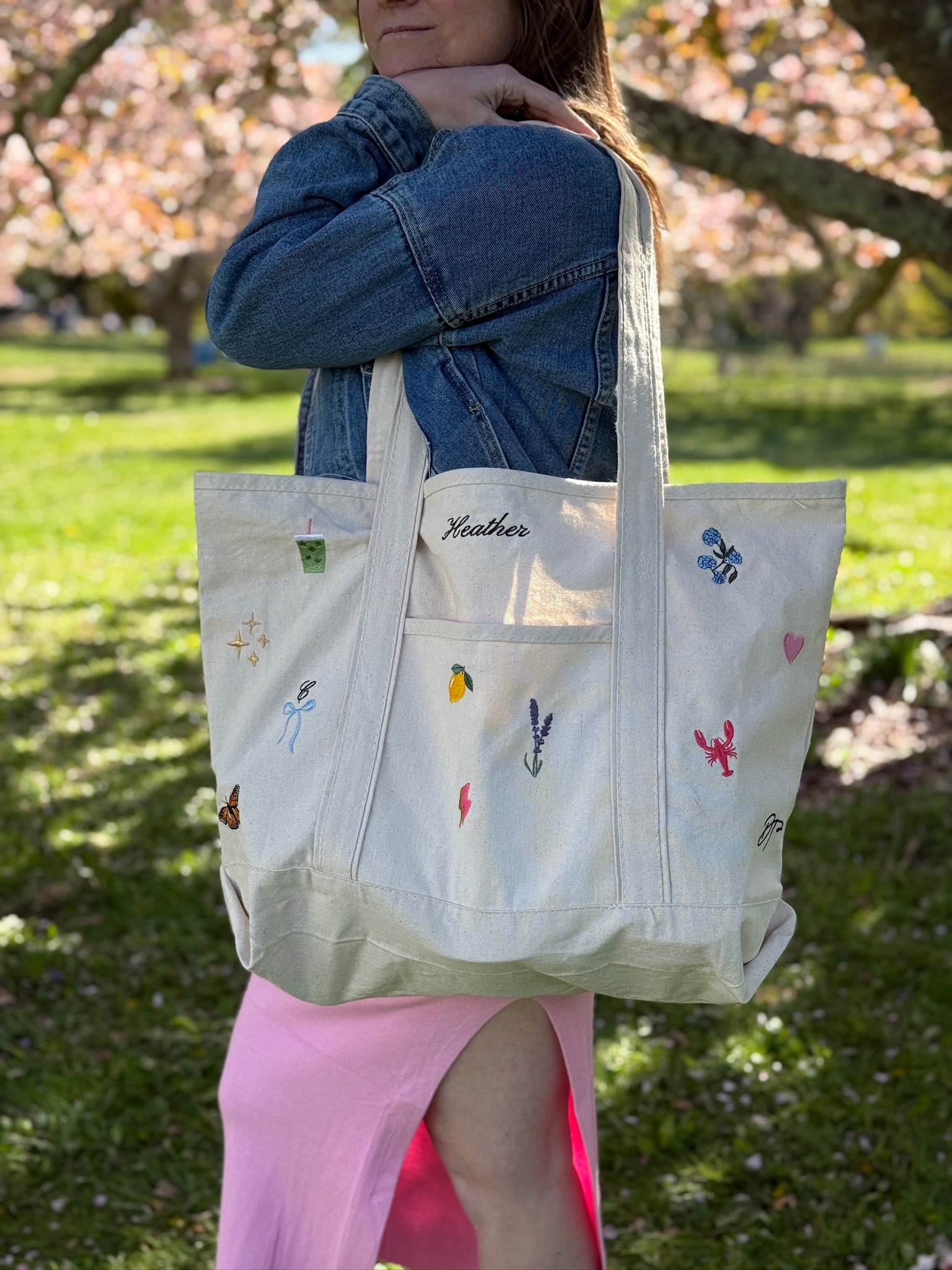 CUSTOM Embroidered 12oz Medium or Large Natural Tote Bag Choose Your Icons & Text