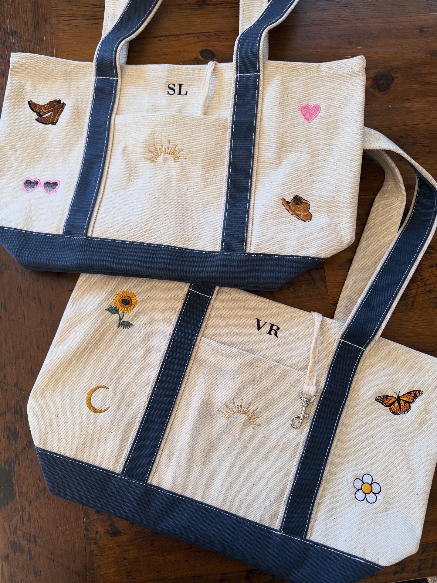 CUSTOM Embroidered Large Structured Boat Style Tote Bag With Initials and Icons