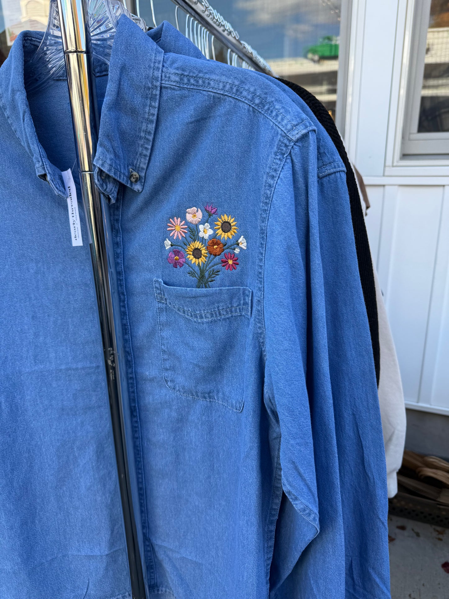 Embroidered Bouquet Pocket Unisex Denim Shacket Shirt Jacket Chambray