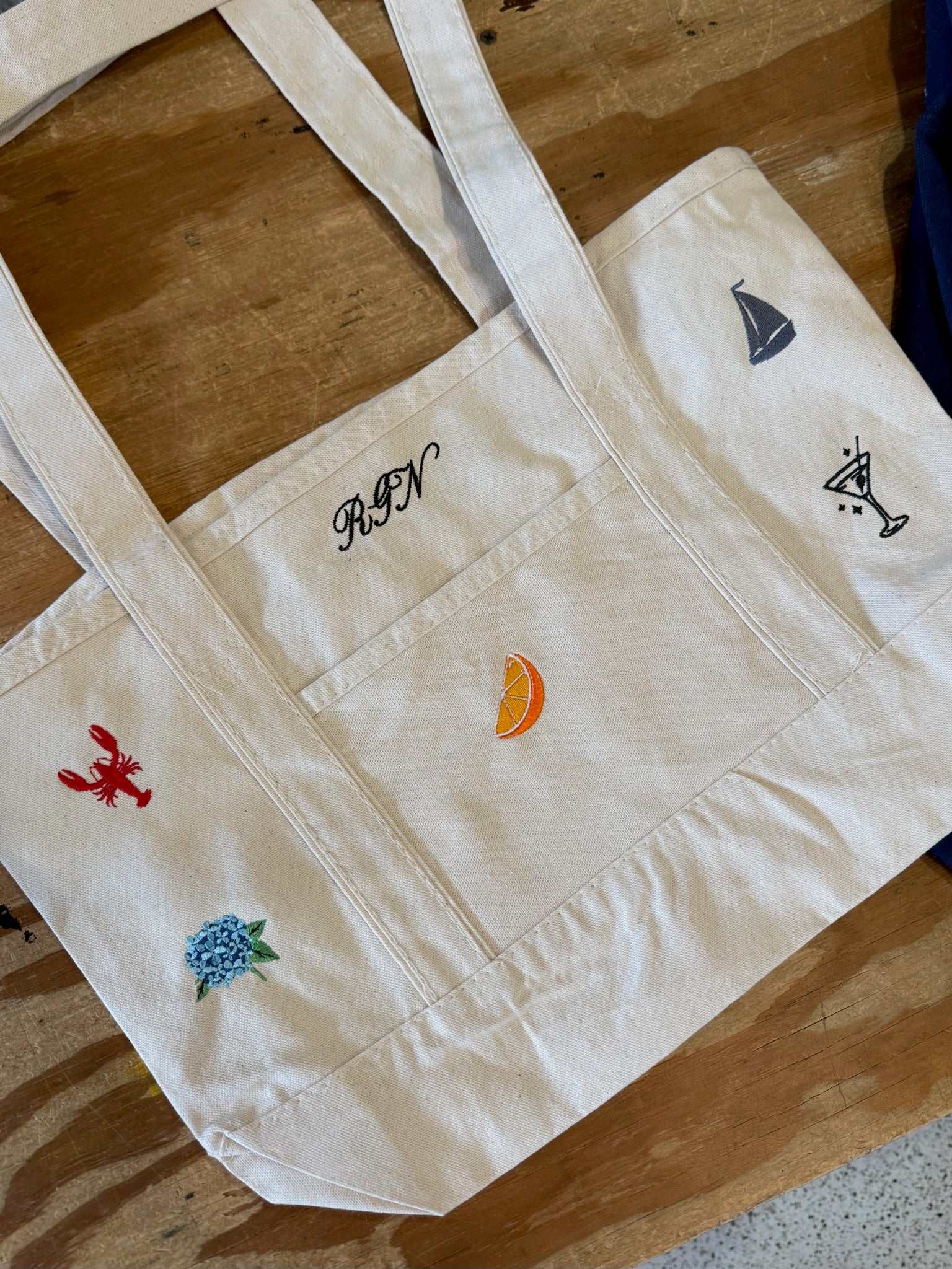 CUSTOM Embroidered 12oz Medium or Large Natural Tote Bag Choose Your Icons & Text