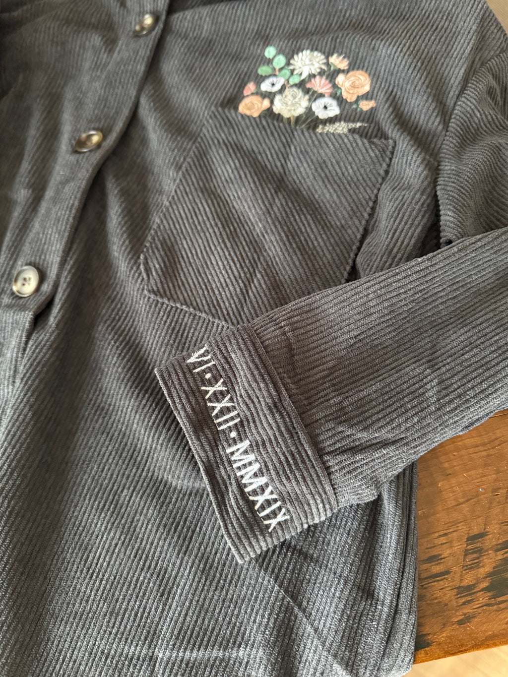 Custom Embroidered Bouquet Pocket Grey Corduroy Shacket Shirt Jacket
