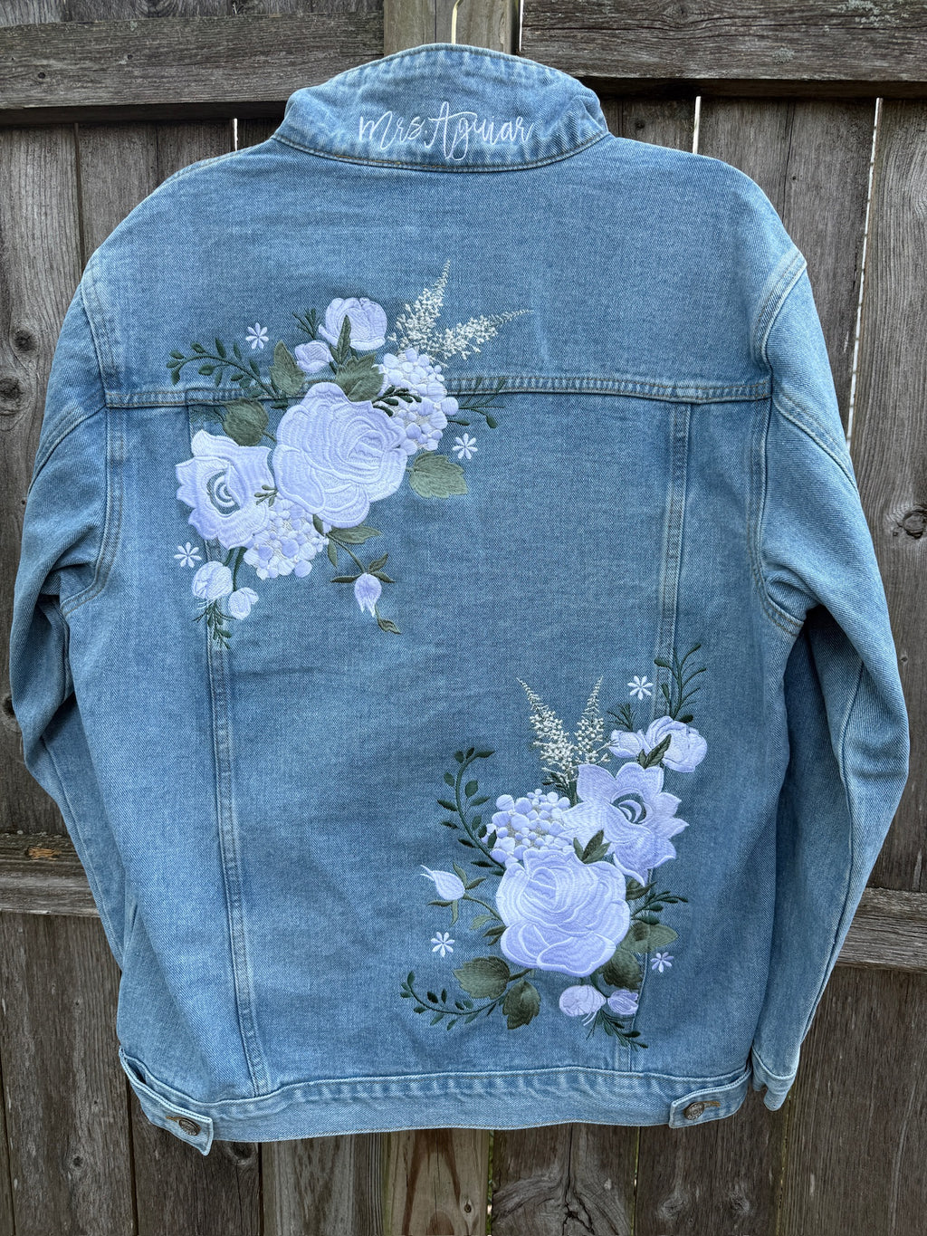 Embroidered White Floral and Sage Leaves Design with wedding date on Women's Relaxed Fit Denim Jacket