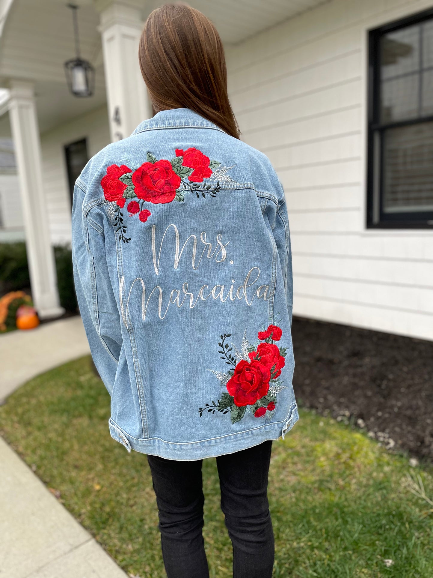 Custom Red Roses Women's Relaxed Fit Denim Jacket