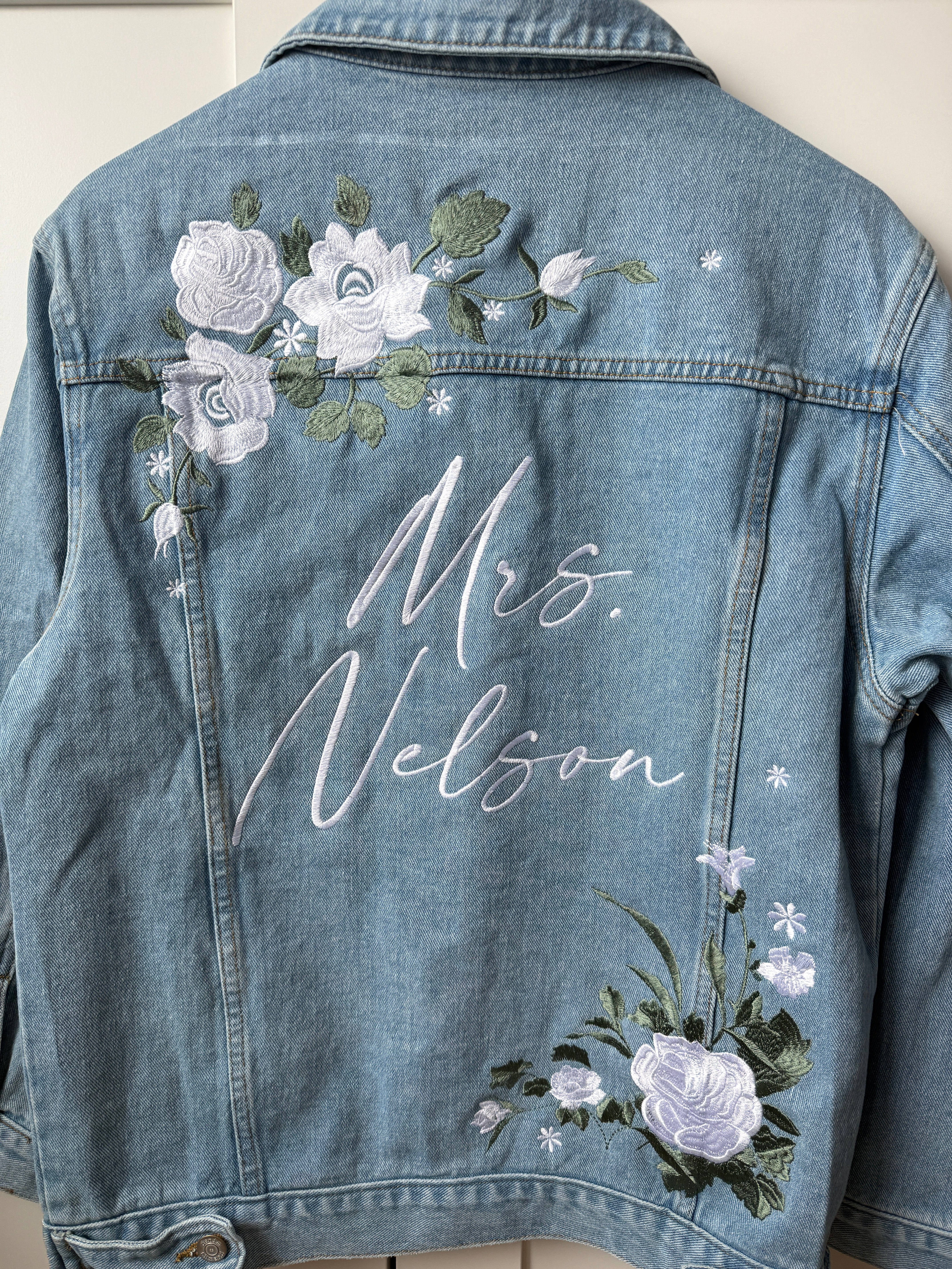 Custom White Floral with Sage Leaves Women's Relaxed Fit Denim