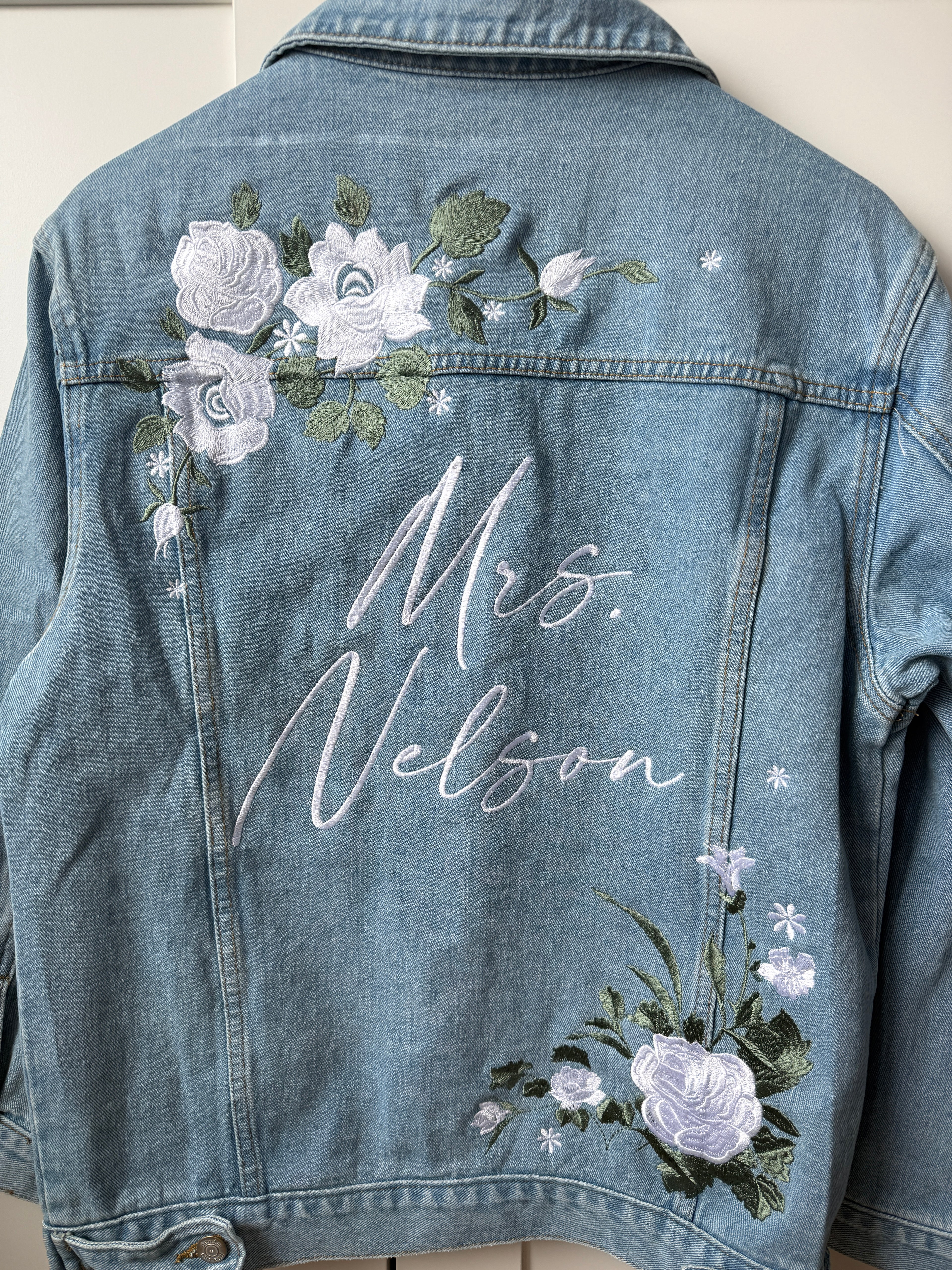Custom White Floral with Sage Leaves Women's Relaxed Fit Denim Jacket