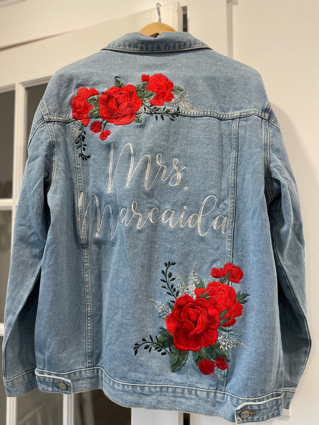 Jacket With Roses Custom Red Roses Women's Relaxed Fit Denim Jacket – Dearly Threaded