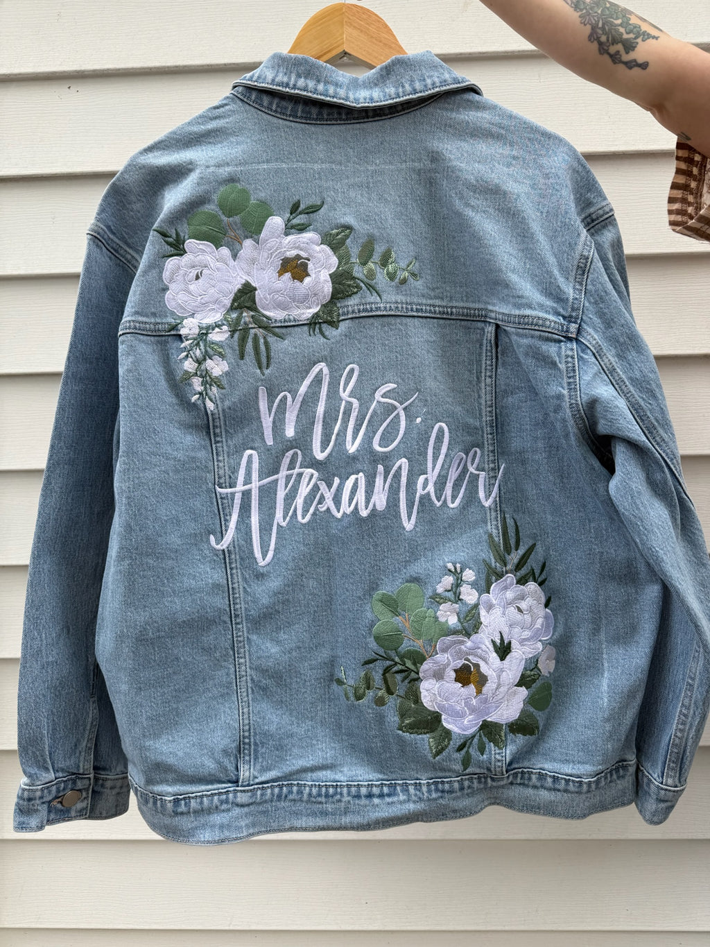 Custom Blush Pink Peony and Eucalyptus Women's Relaxed Fit Denim Jacket