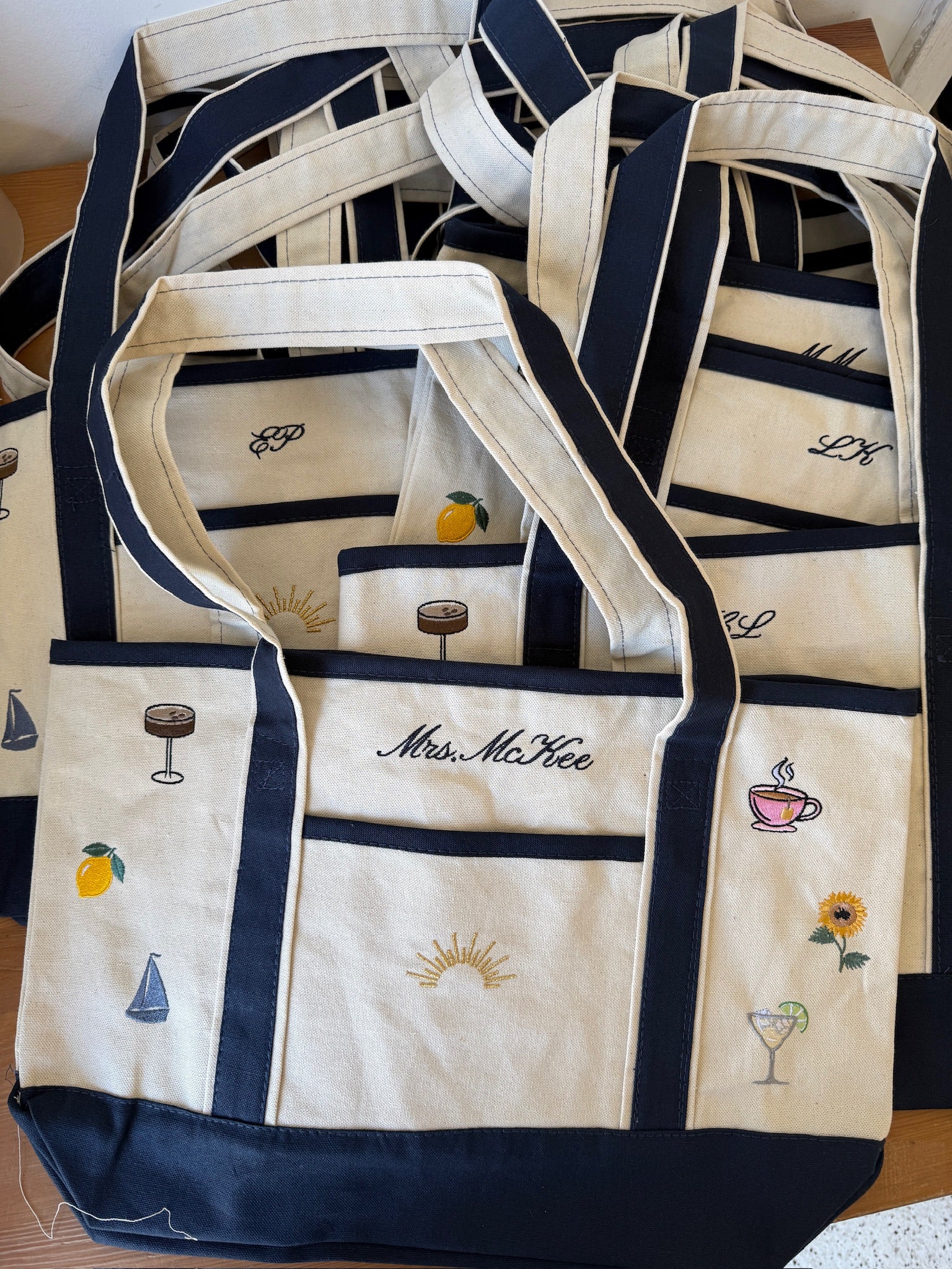 Custom Navy Trim 12oz Tote With Initials and Icons