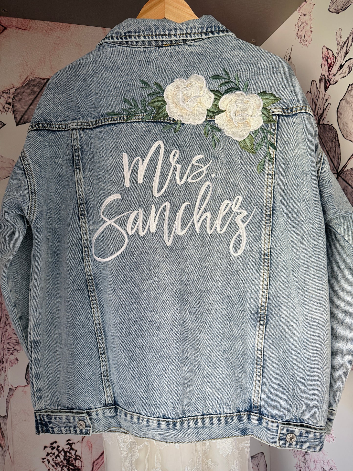 Custom Ivory Roses with Leafy Greenery Women's Relaxed Fit Denim Jacket