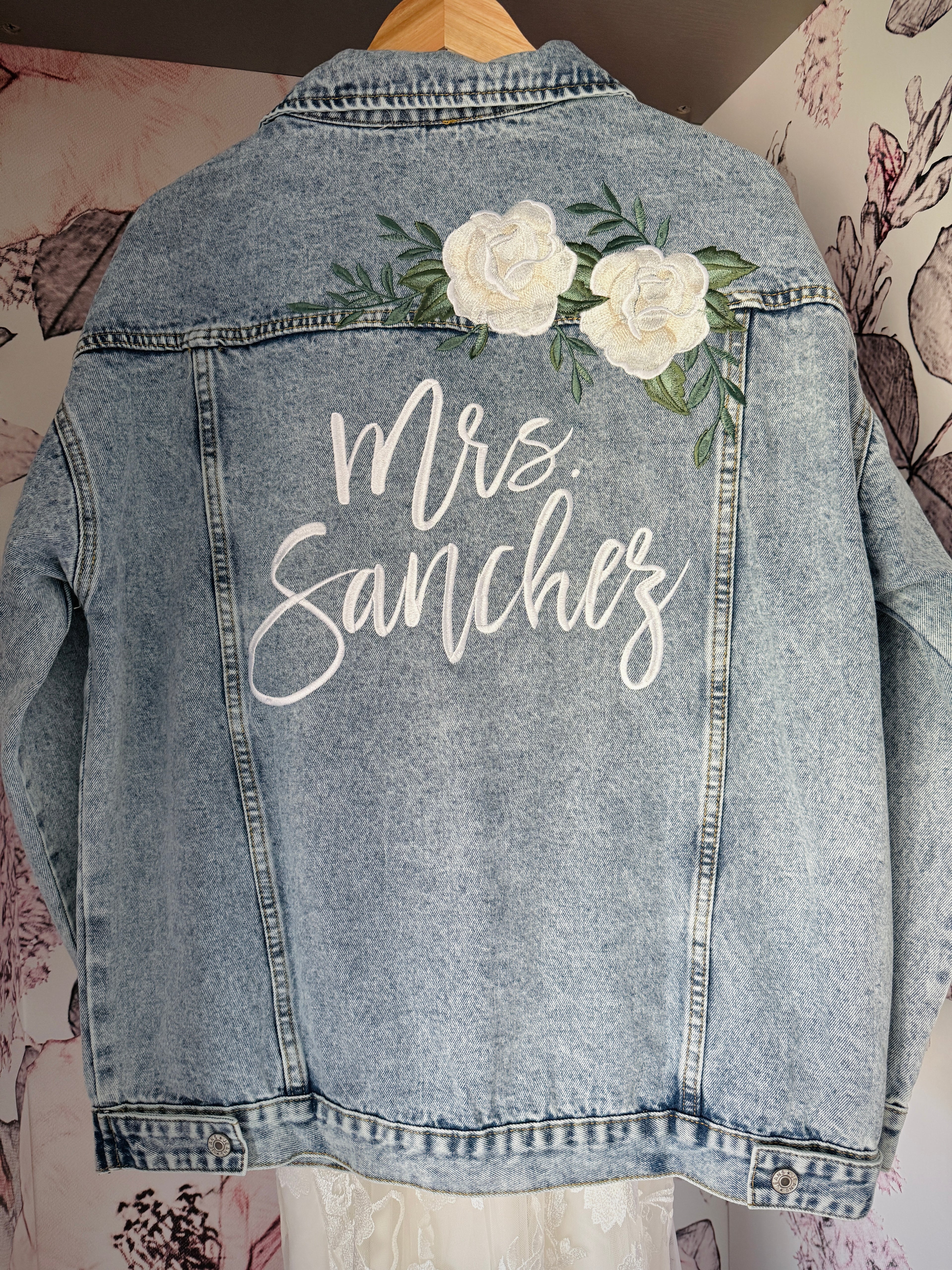 Custom Ivory Roses with Leafy Greenery Women's Relaxed Fit Denim Jacket