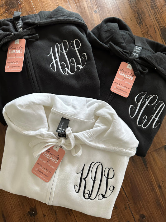 Custom Three Letter Embroidered Monogram Unisex Zip Up Sweatshirt