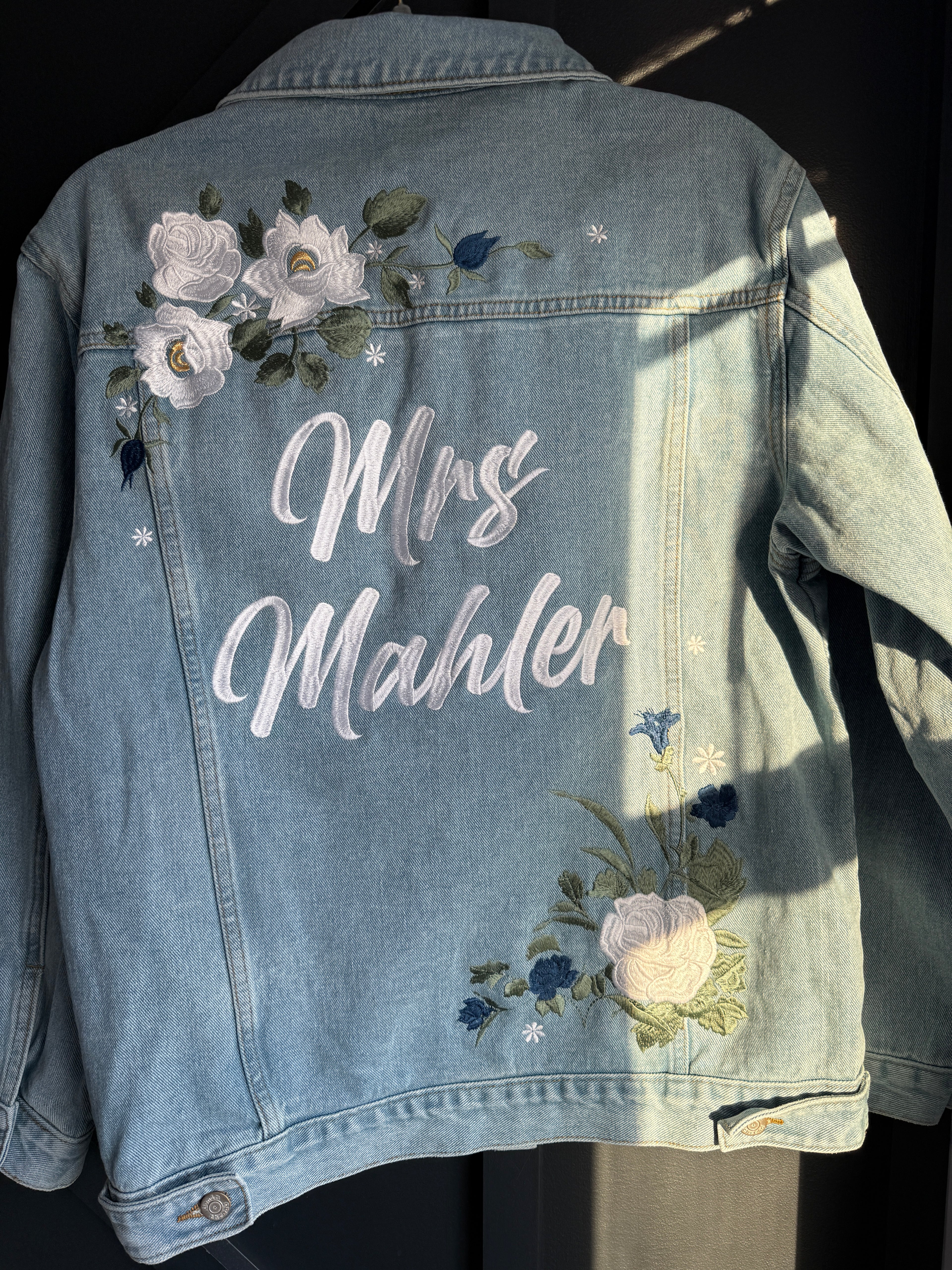 Custom White Floral with Sage Leaves Women's Relaxed Fit Denim Jacket