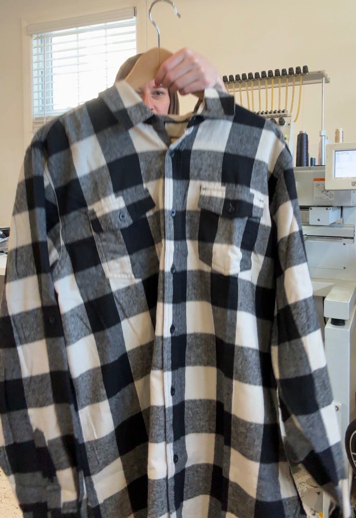 Ecru/Black Plaid Flannel W/ Custom Text Embroidered on Back
