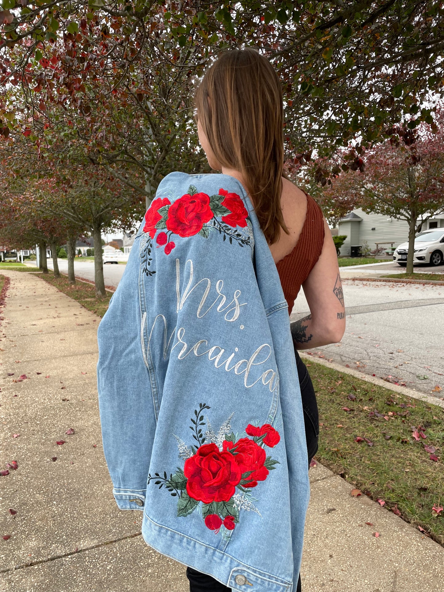 Custom Red Roses Women's Relaxed Fit Denim Jacket