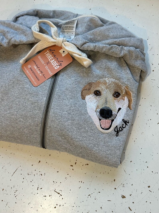 Custom Pet on Zip Up Hooded Grey Sweatshirt