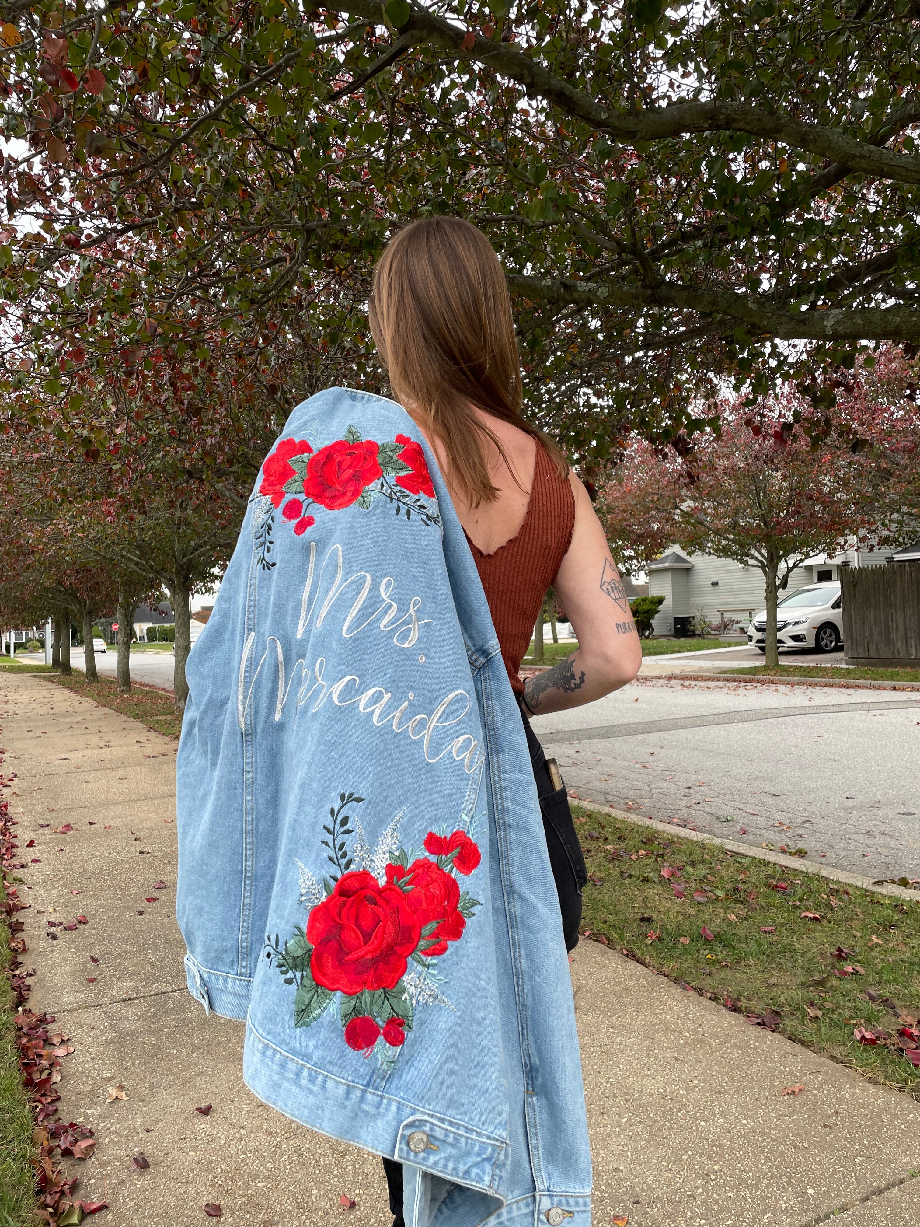 Custom Red Roses Women's Relaxed Fit Denim Jacket