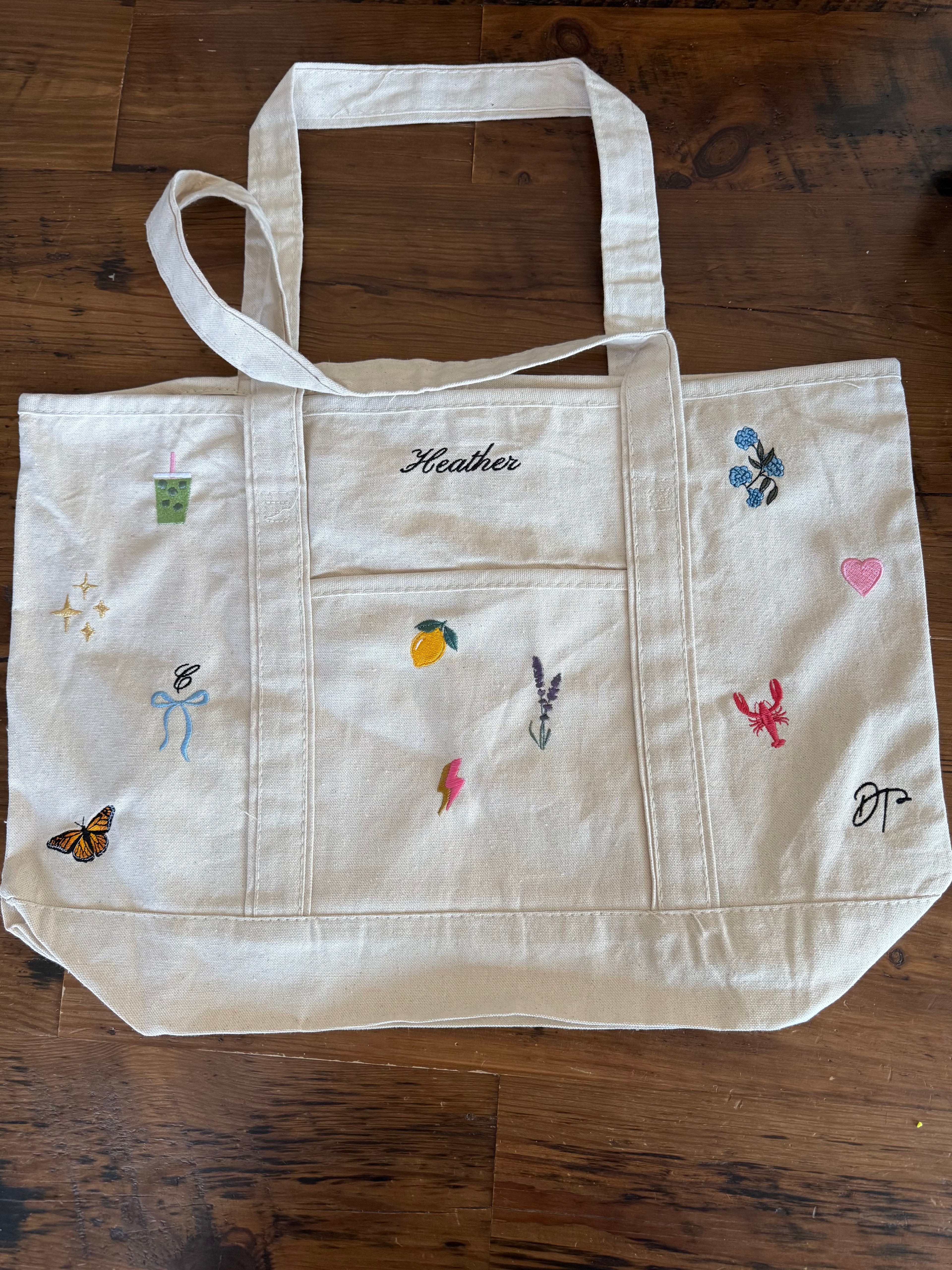 CUSTOM Embroidered Small or Large Natural Tote Bag Choose Your Icons & Text