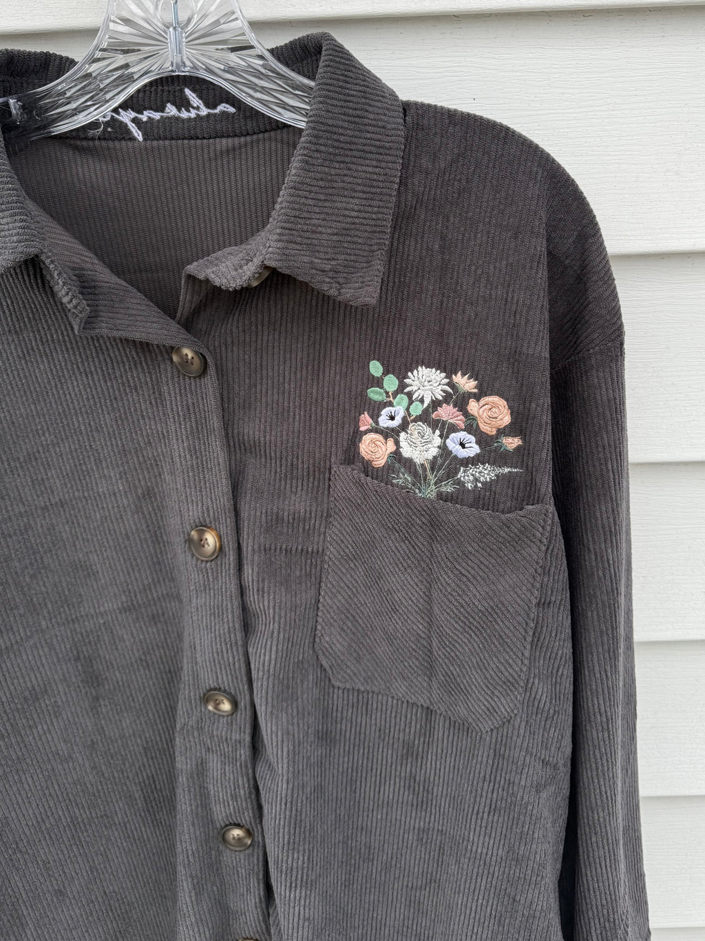 Custom Embroidered Bouquet Pocket Grey Corduroy Shacket Shirt Jacket