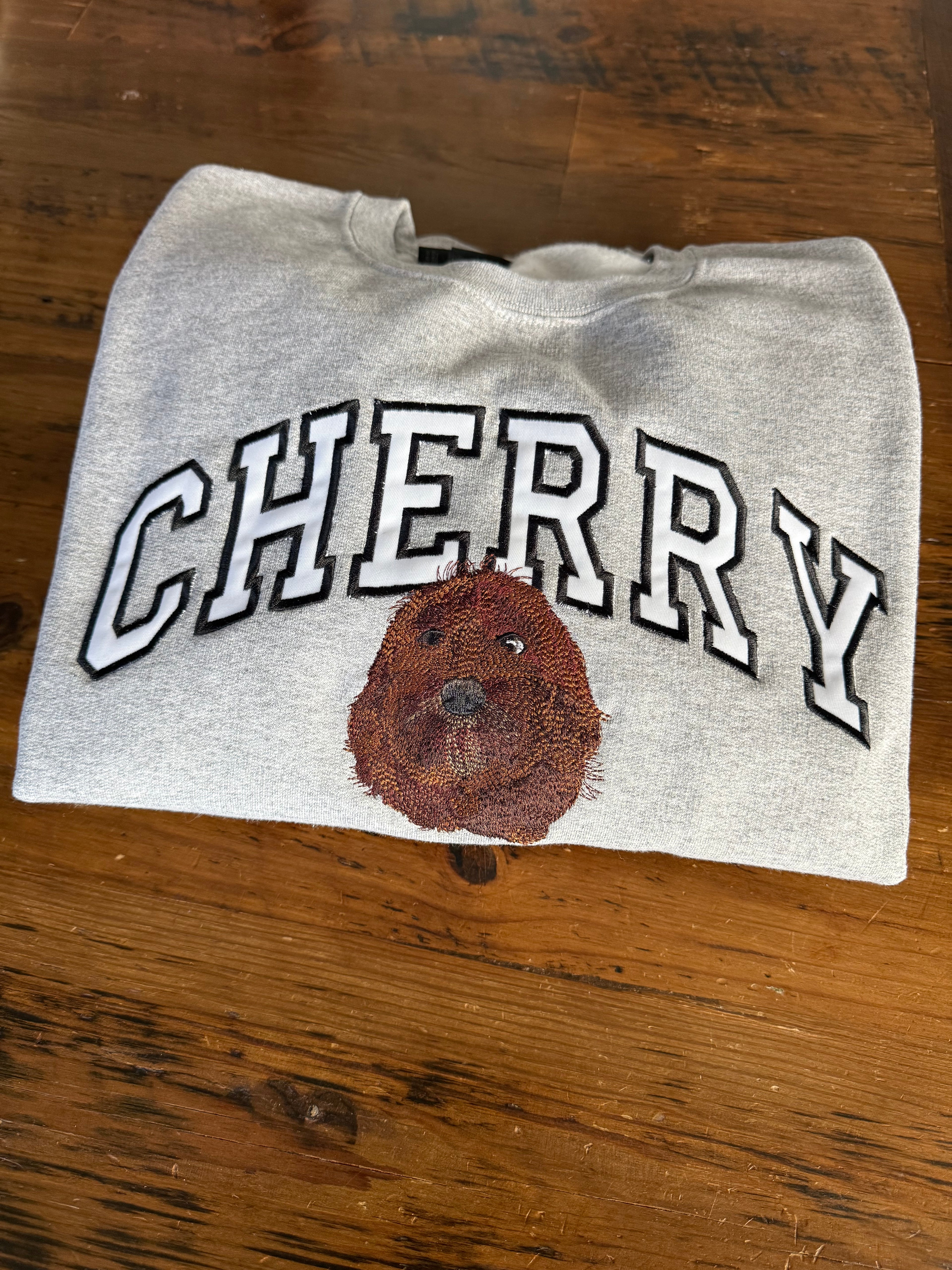 Custom Embroidered Pet Portrait With Text Grey Crewneck Sweatshirt