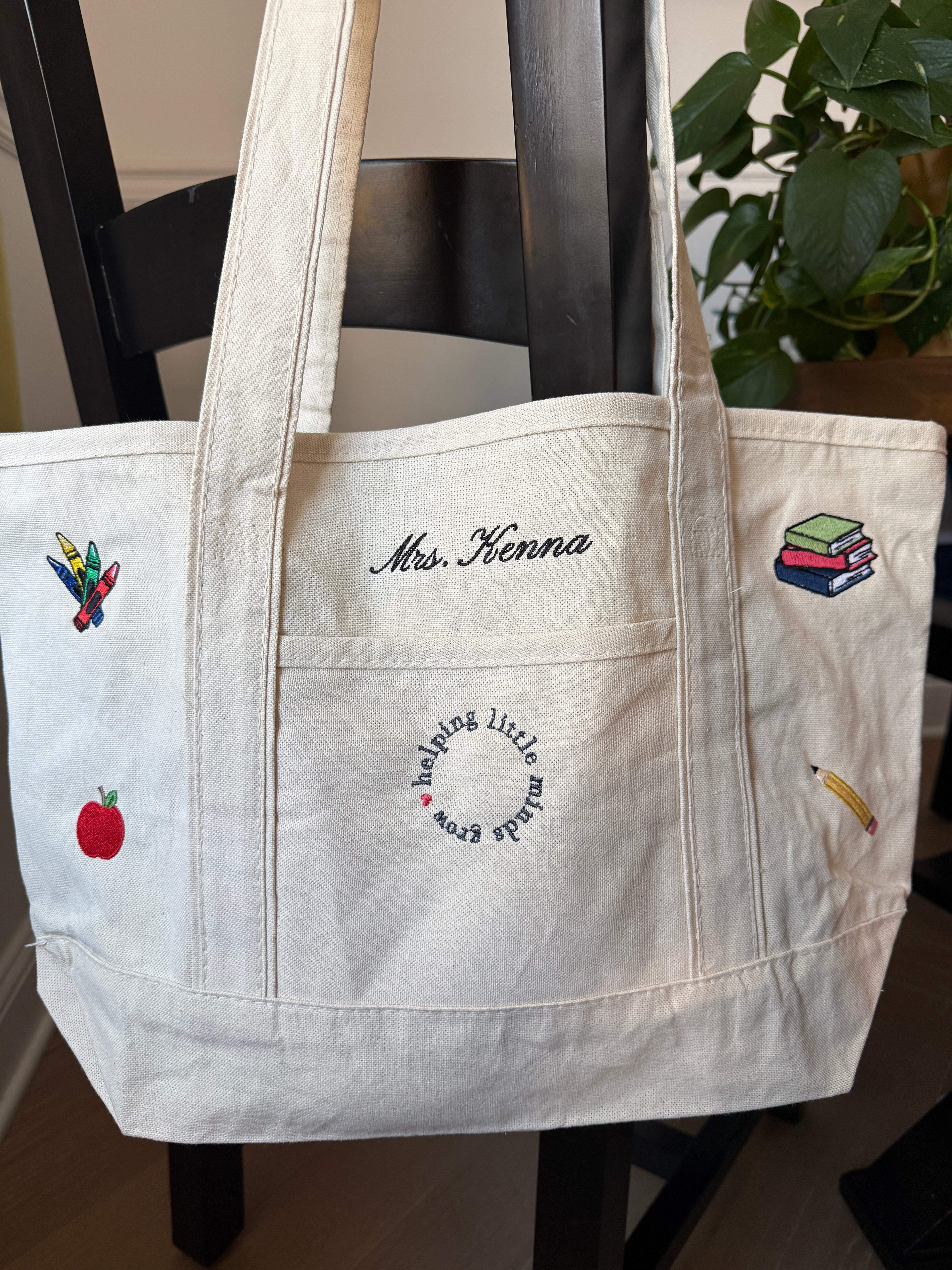 CUSTOM Embroidered 12oz Medium or Large Natural Tote Bag Choose Your Icons & Text