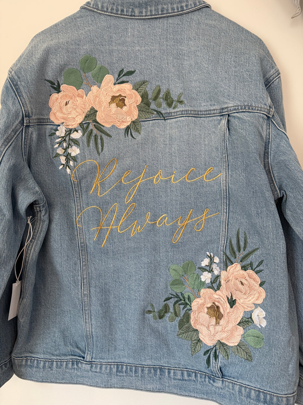 Custom Blush Pink Peony and Eucalyptus Women's Relaxed Fit Denim Jacket