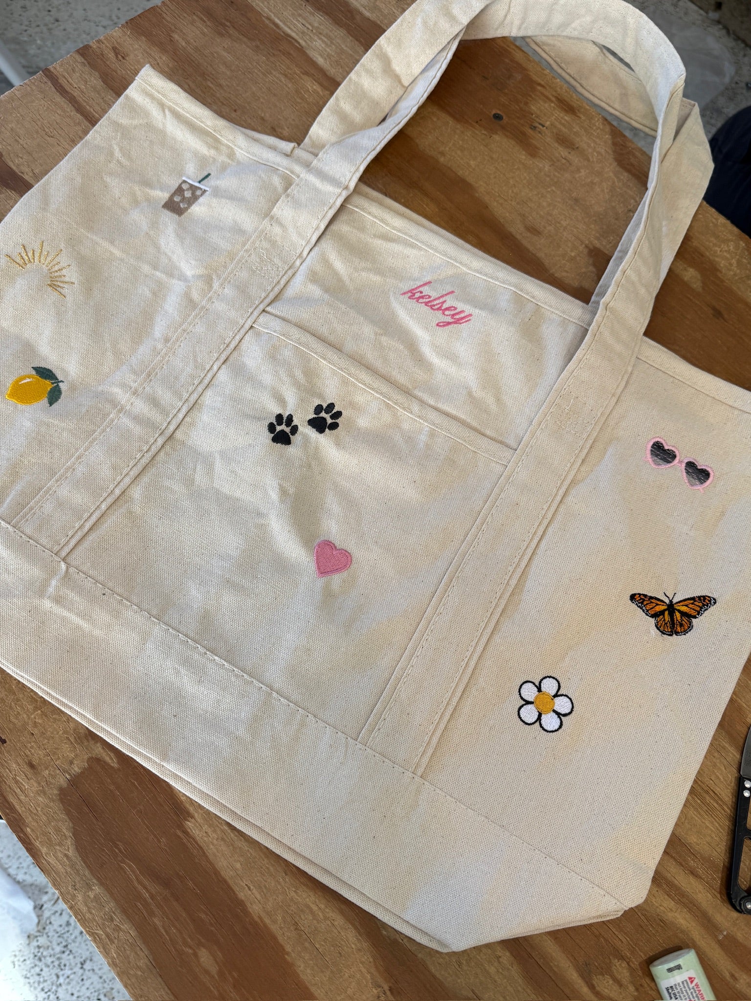 CUSTOM Embroidered 12oz Medium or Large Natural Tote Bag Choose Your Icons & Text