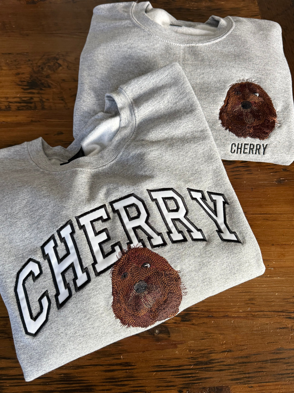 Custom Embroidered Pet Portrait With Text Grey Crewneck Sweatshirt