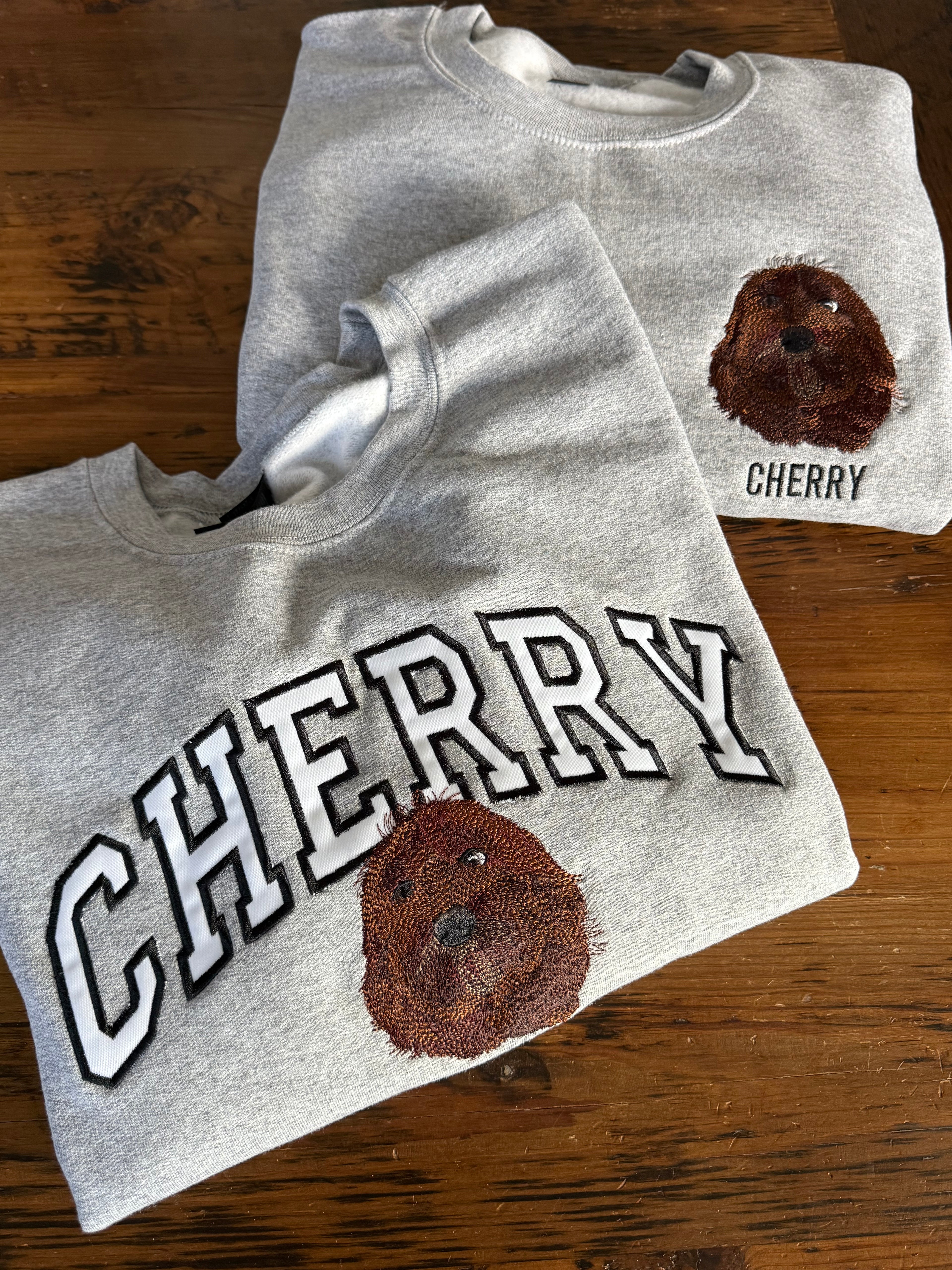Custom Embroidered Pet Portrait With Text Grey Crewneck Sweatshirt