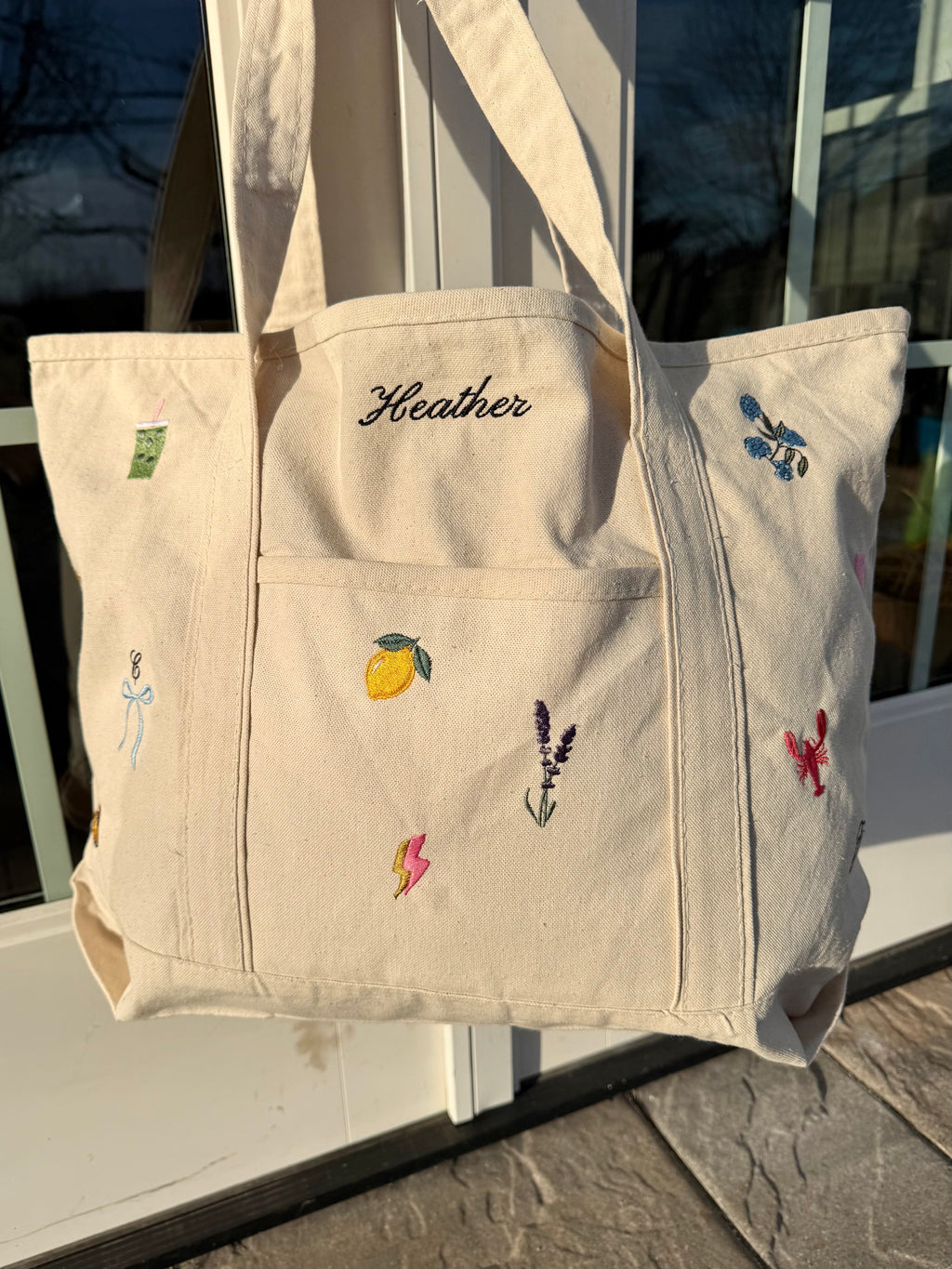 CUSTOM Embroidered Small or Large Natural Tote Bag Choose Your Icons & Text