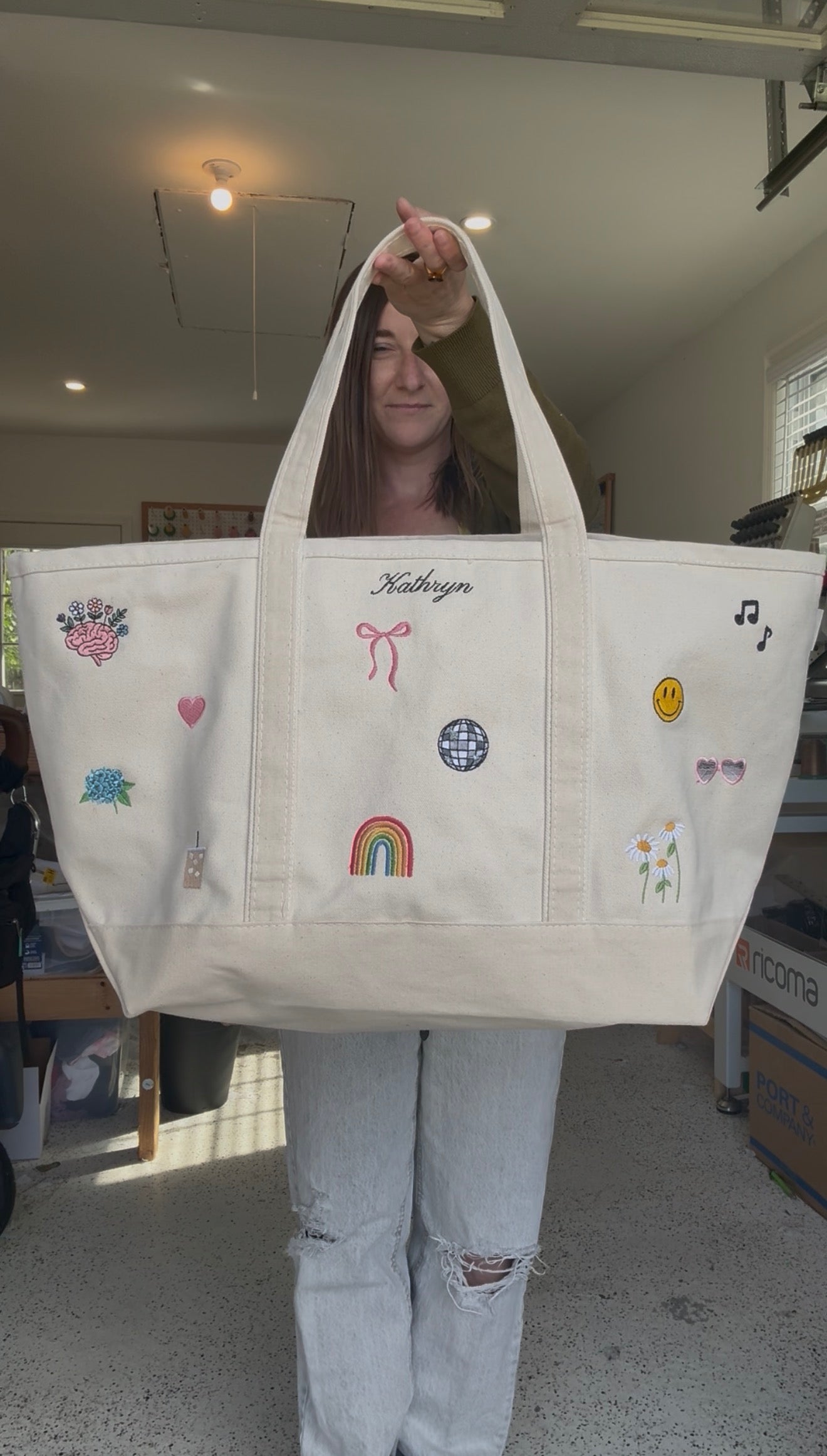 CUSTOM Embroidered 18oz Medium or XL Structured Natural Tote Bag Choose Your Icons & Text