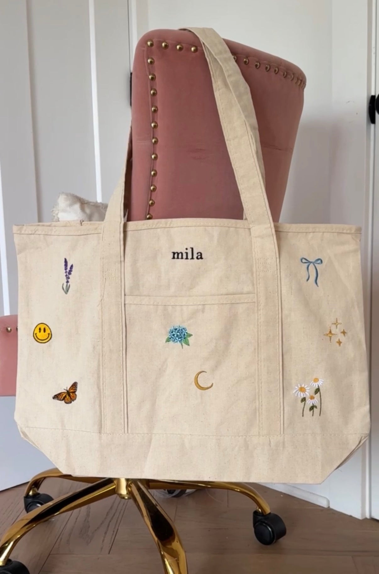 CUSTOM Embroidered 12oz Medium or Large Natural Tote Bag Choose Your Icons & Text