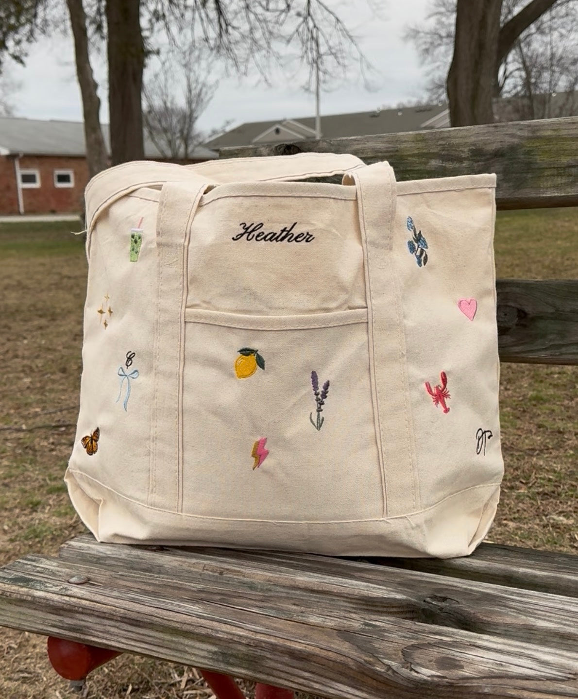 CUSTOM Embroidered Small or Large Natural Tote Bag Choose Your Icons & Text