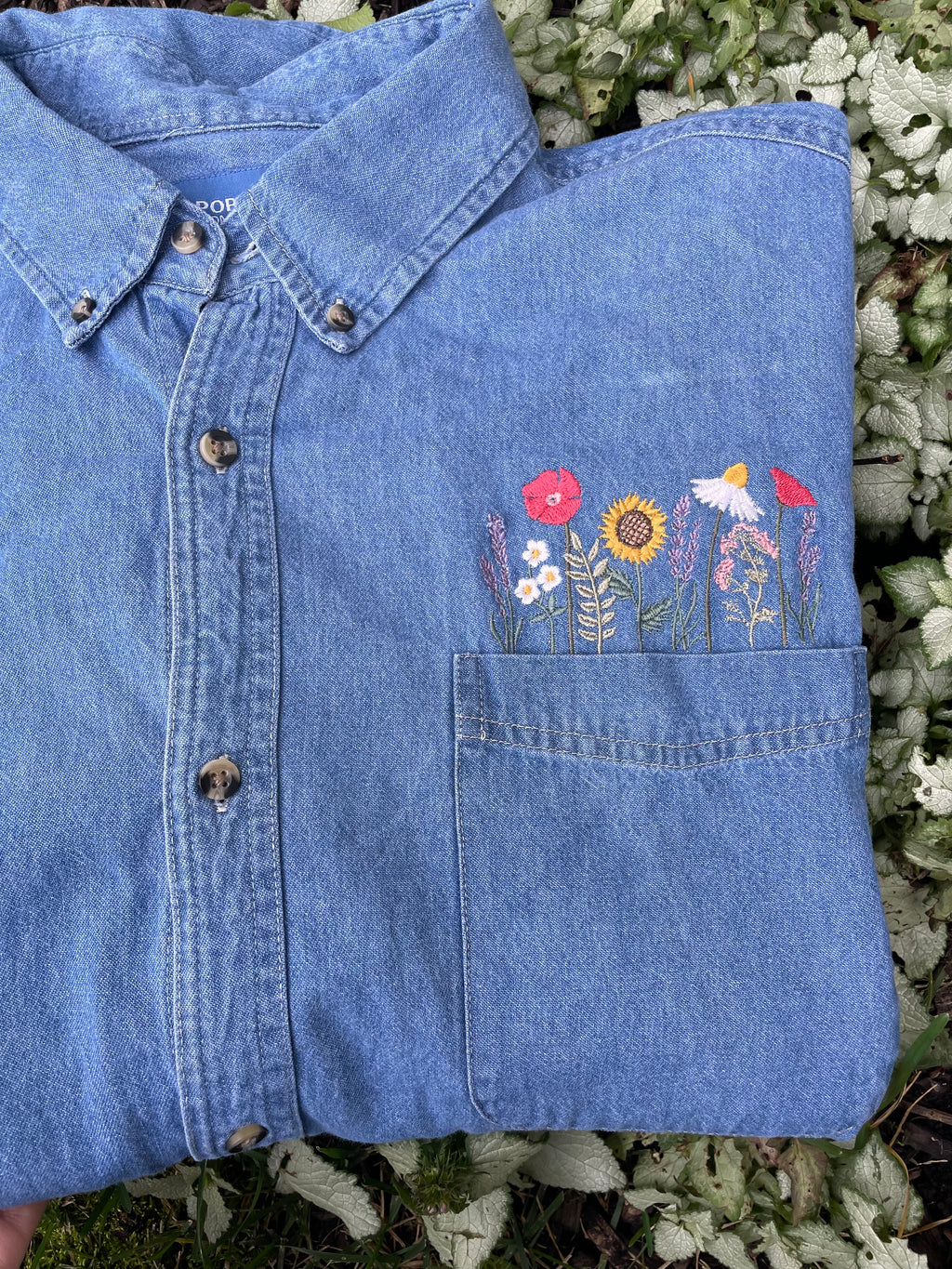 Embroidered Pocket Full of Posies Unisex Denim Shacket Shirt Jacket Chambray