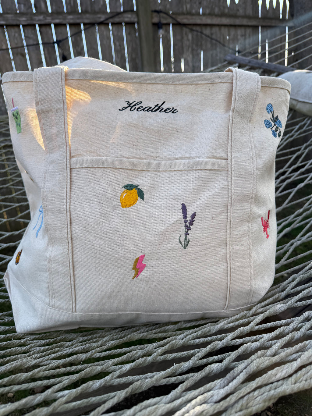 CUSTOM Embroidered Small or Large Natural Tote Bag Choose Your Icons & Text