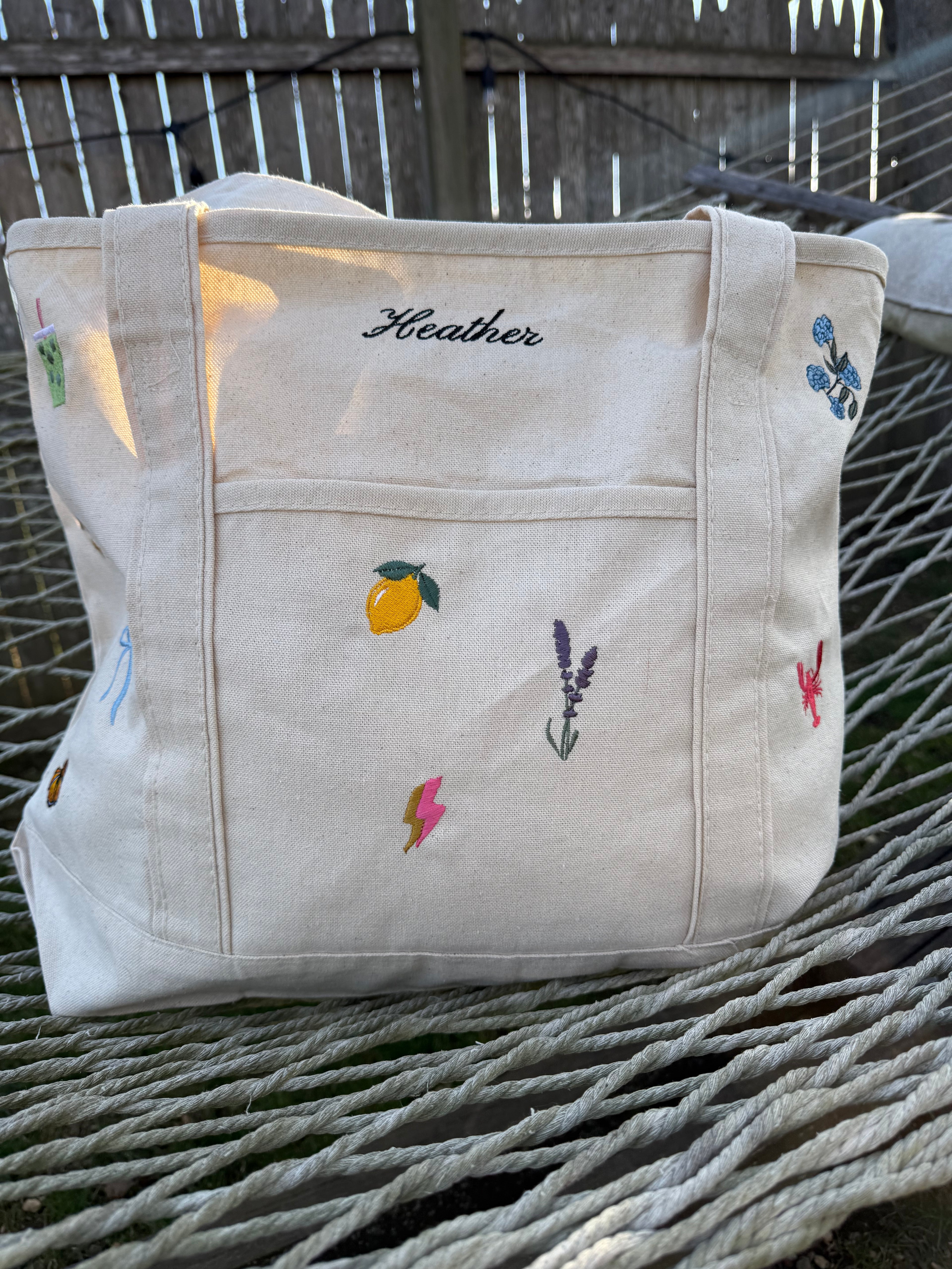 CUSTOM Embroidered Small or Large Natural Tote Bag Choose Your Icons & Text