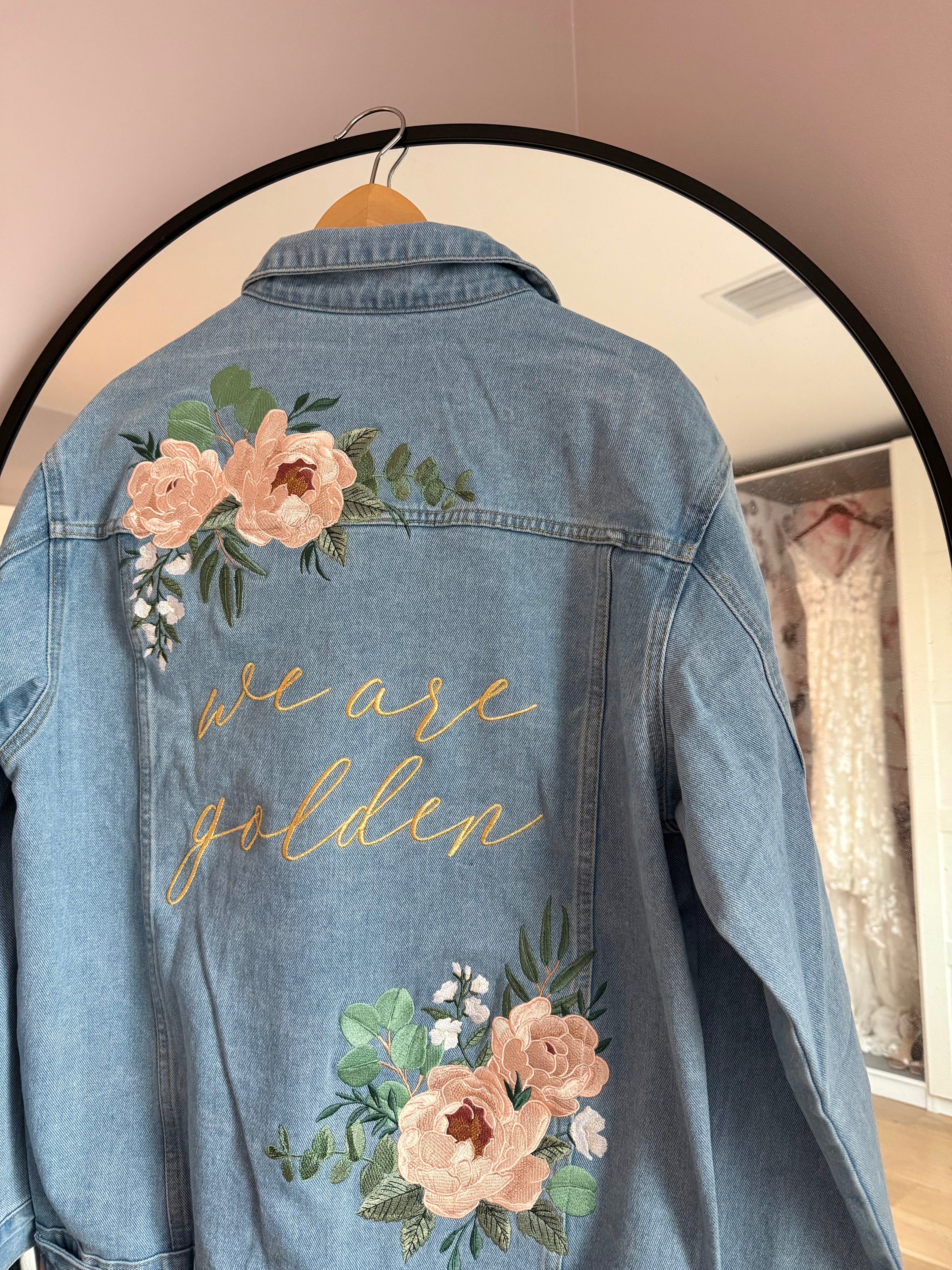 Custom Blush Pink Peony and Eucalyptus Women's Relaxed Fit Denim Jacket