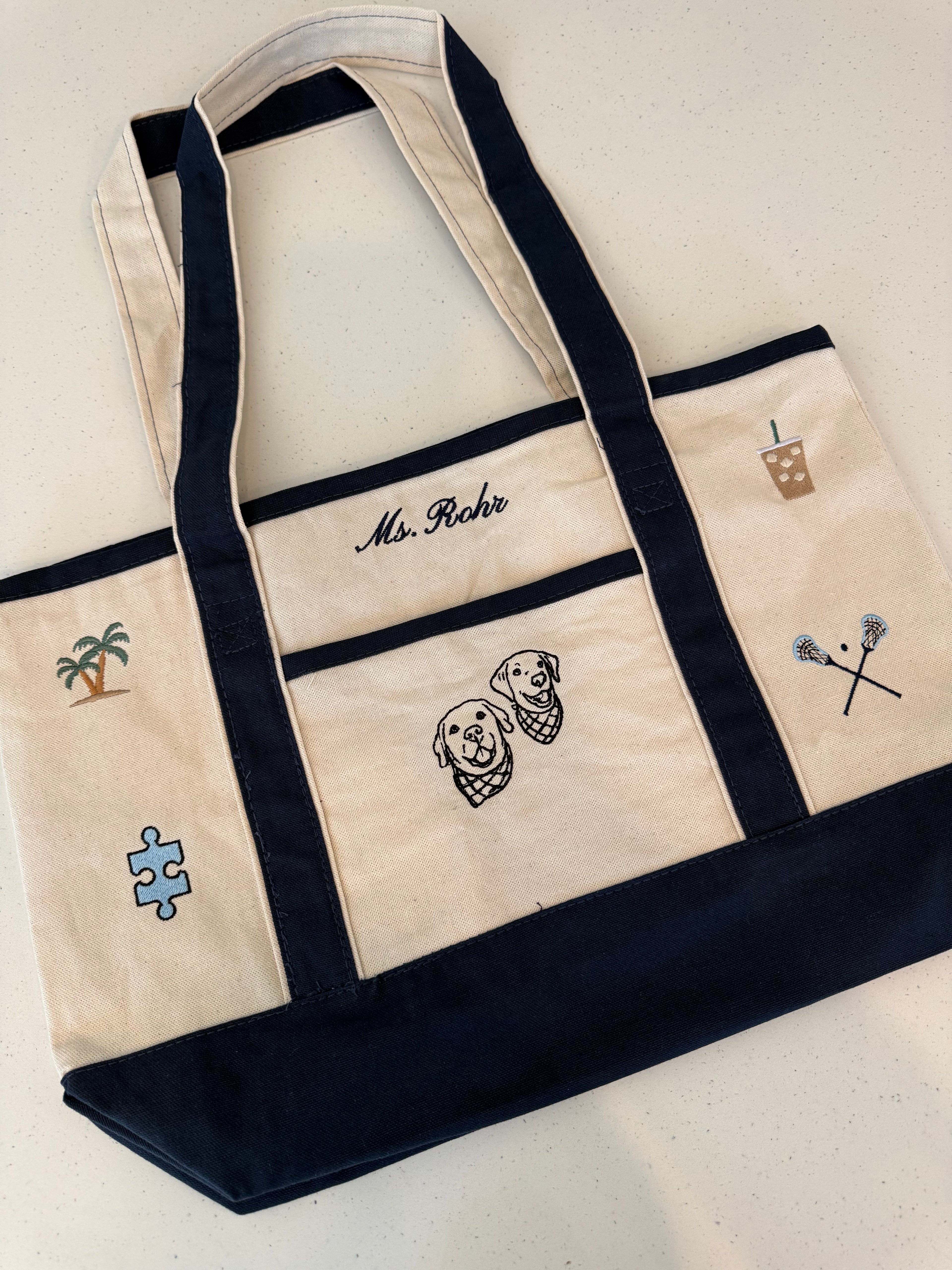 Custom Navy Trim 12oz Tote With Initials and Icons