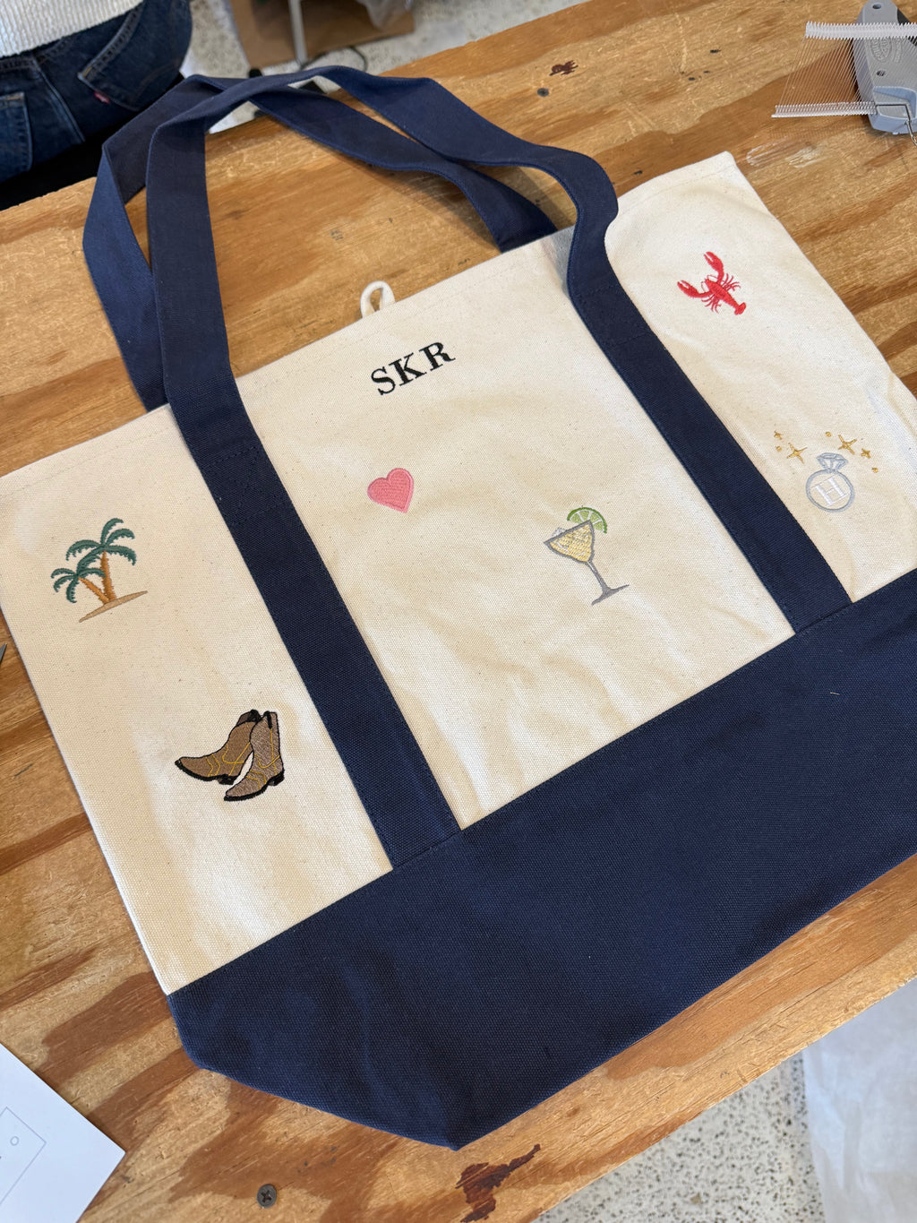 Custom Boater Style Tote With Initials and Icons