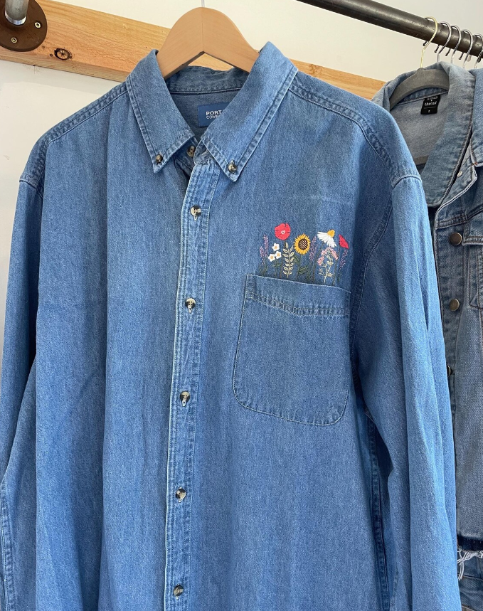 Embroidered Pocket Full of Posies Unisex Denim Shacket Shirt Jacket Chambray